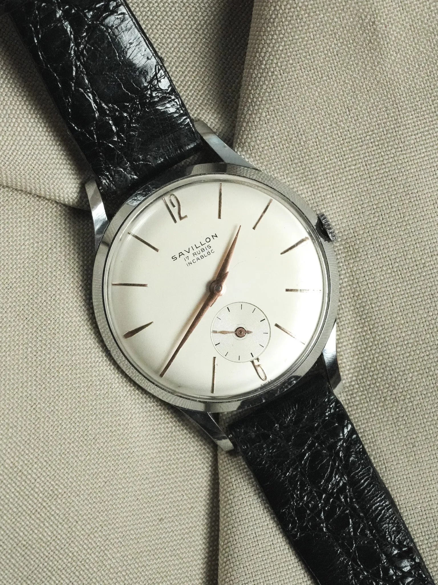 Savillon - Montre habillée acier index or rose petite seconde - 1970s - Atelier Victor - Vintage Shop