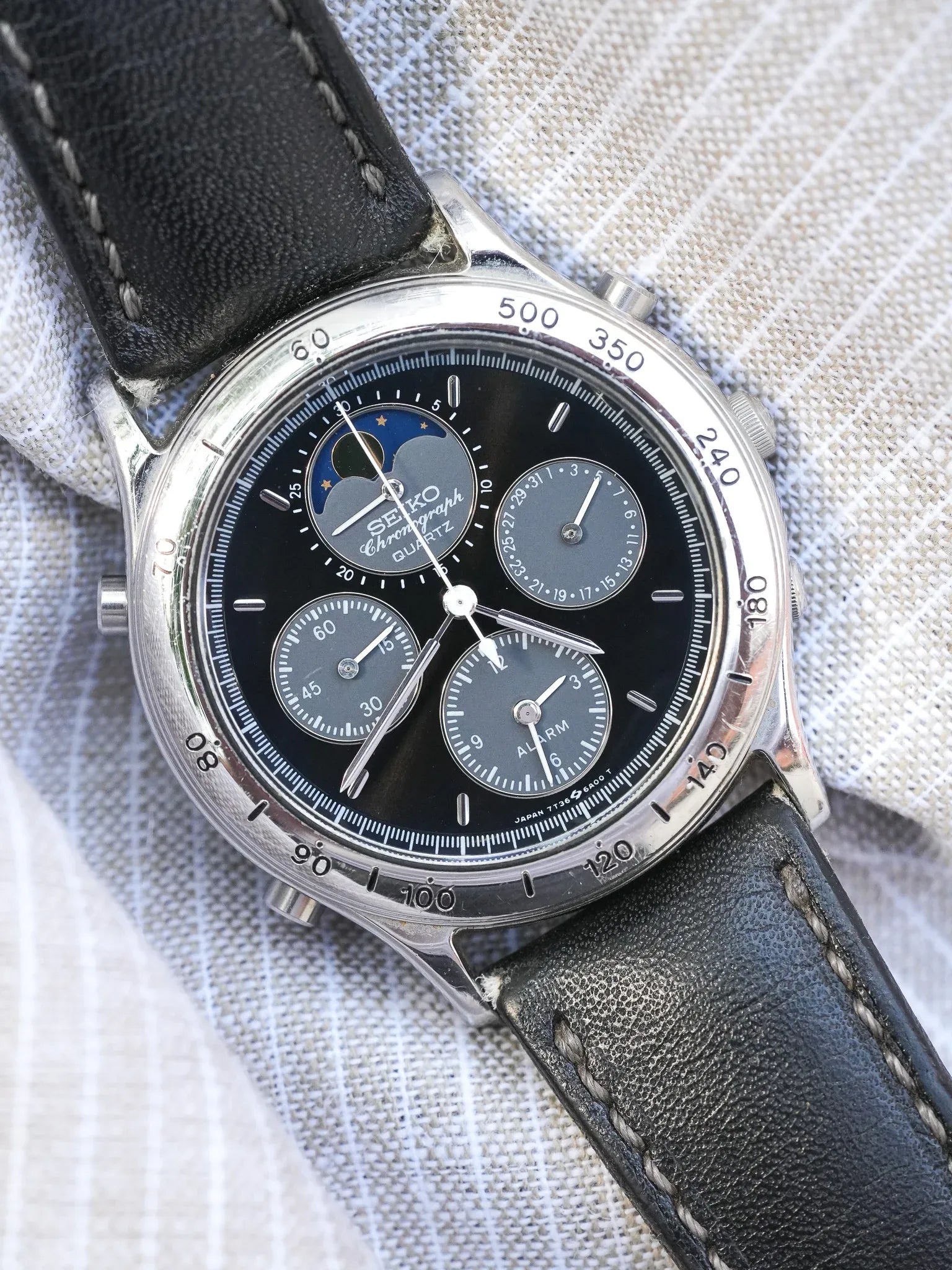 Seiko - Acier Phase de Lune Chronographe noir - 1991 - Atelier Victor - Vintage Shop