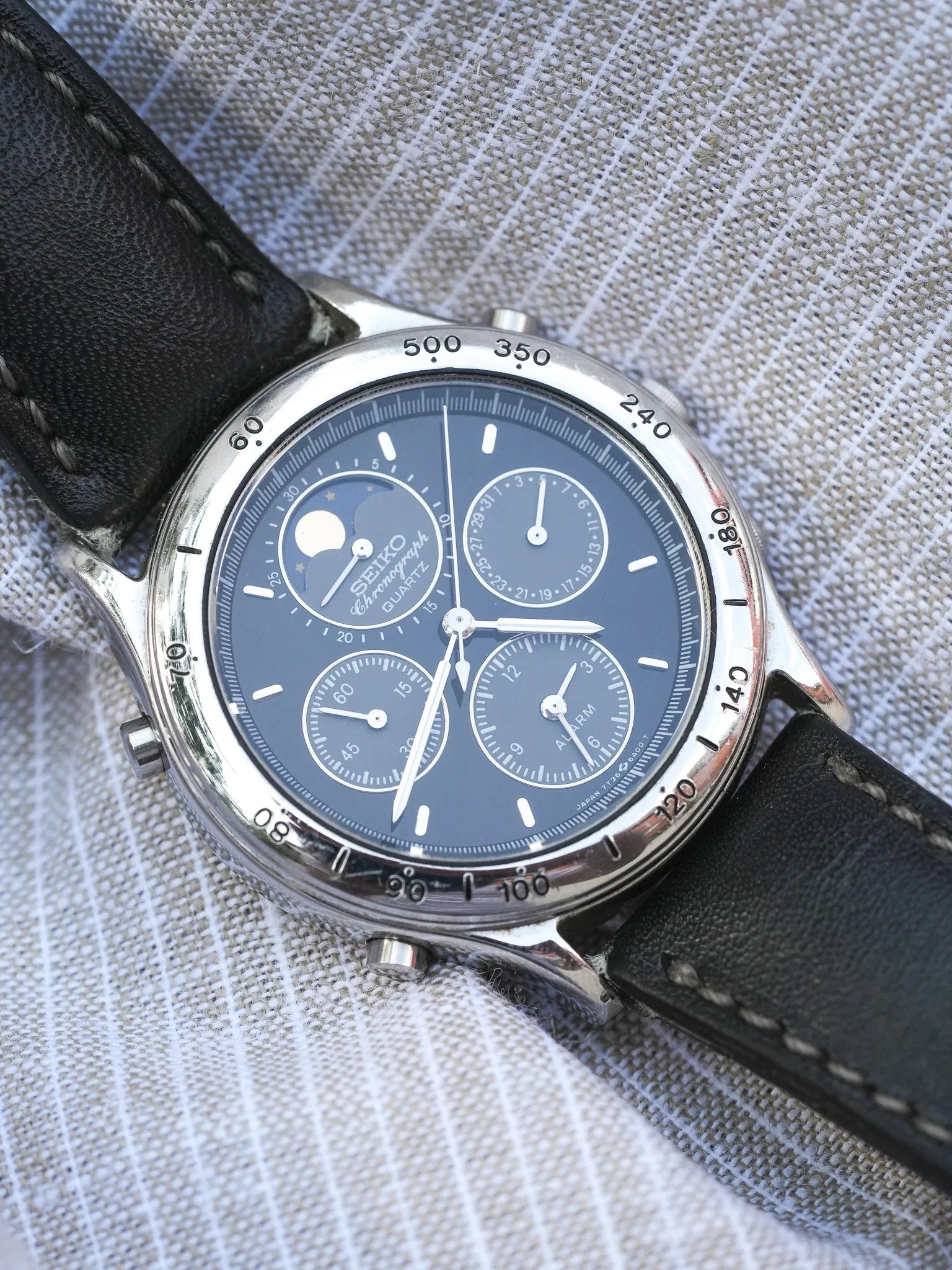 Seiko - Acier Phase de Lune Chronographe noir - 1991 - Atelier Victor - Vintage Shop