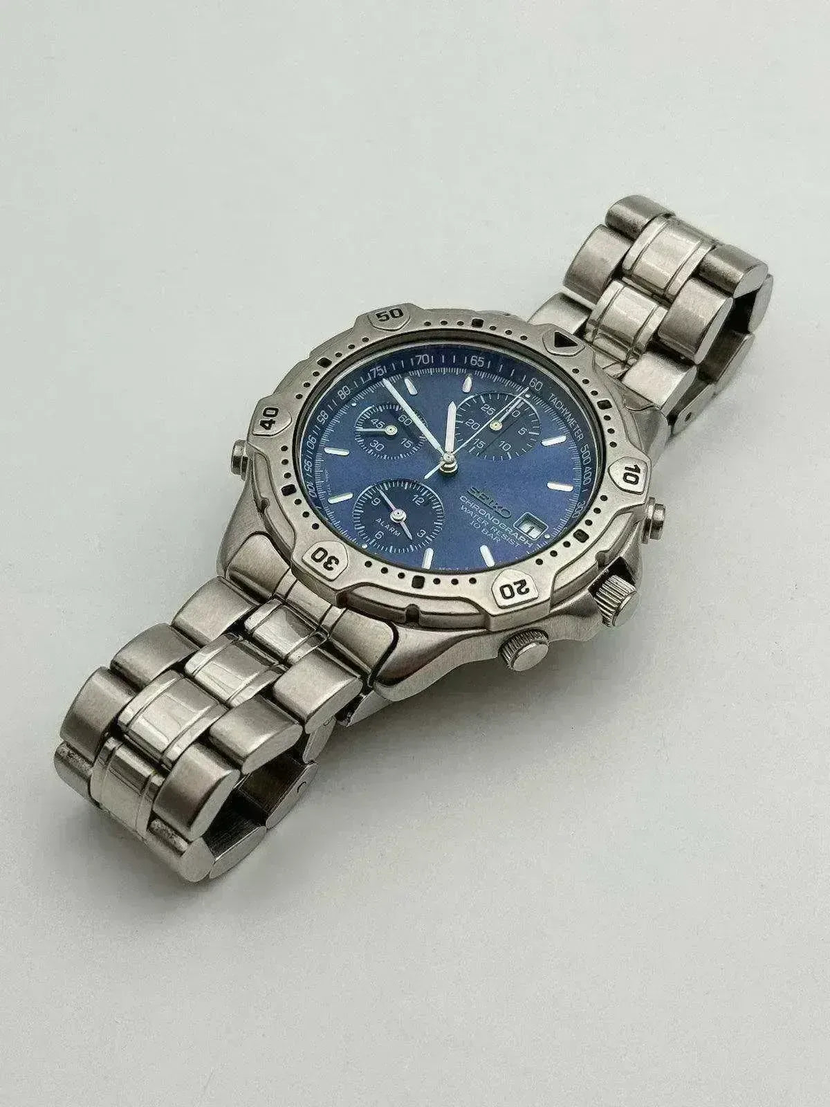 Seiko - Chronographe Alarme Bleu acier - Boite & Papier - 1993 - Atelier Victor