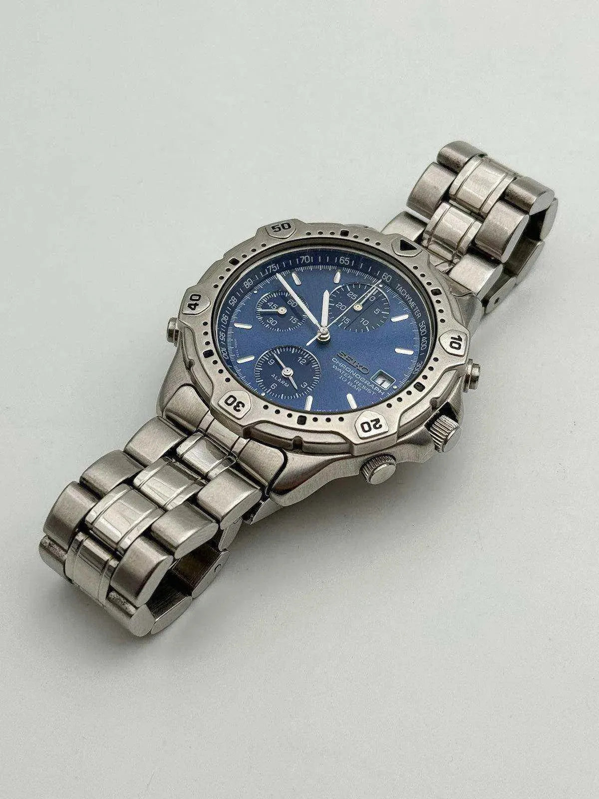 Seiko - Chronographe Alarme Bleu acier - Boite & Papier - 1993 - Atelier Victor Paris - Vintage Watch Shop Dubai
