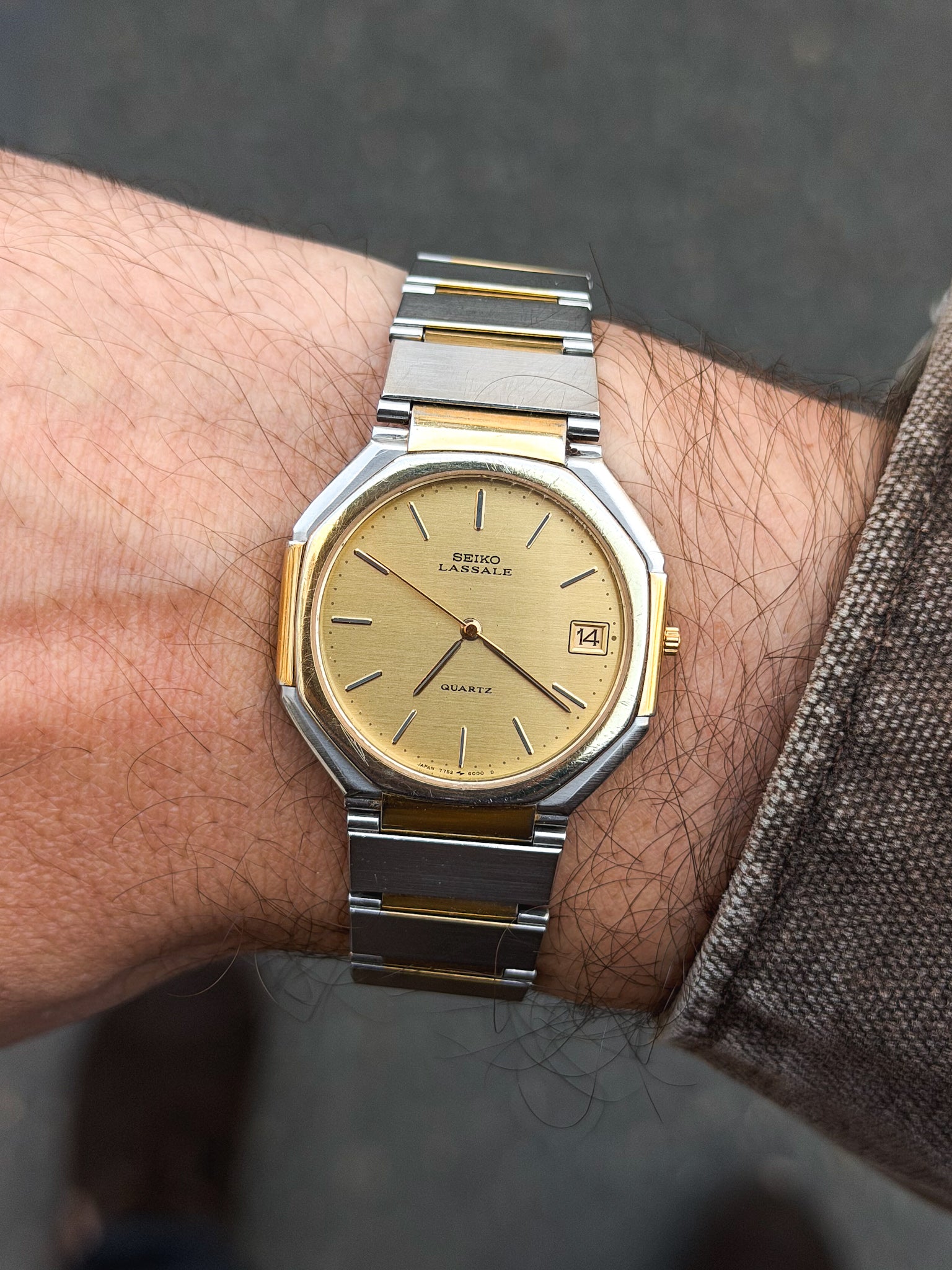 Seiko Lassale vintage watch with gold dial, two-tone bracelet, worn on wrist