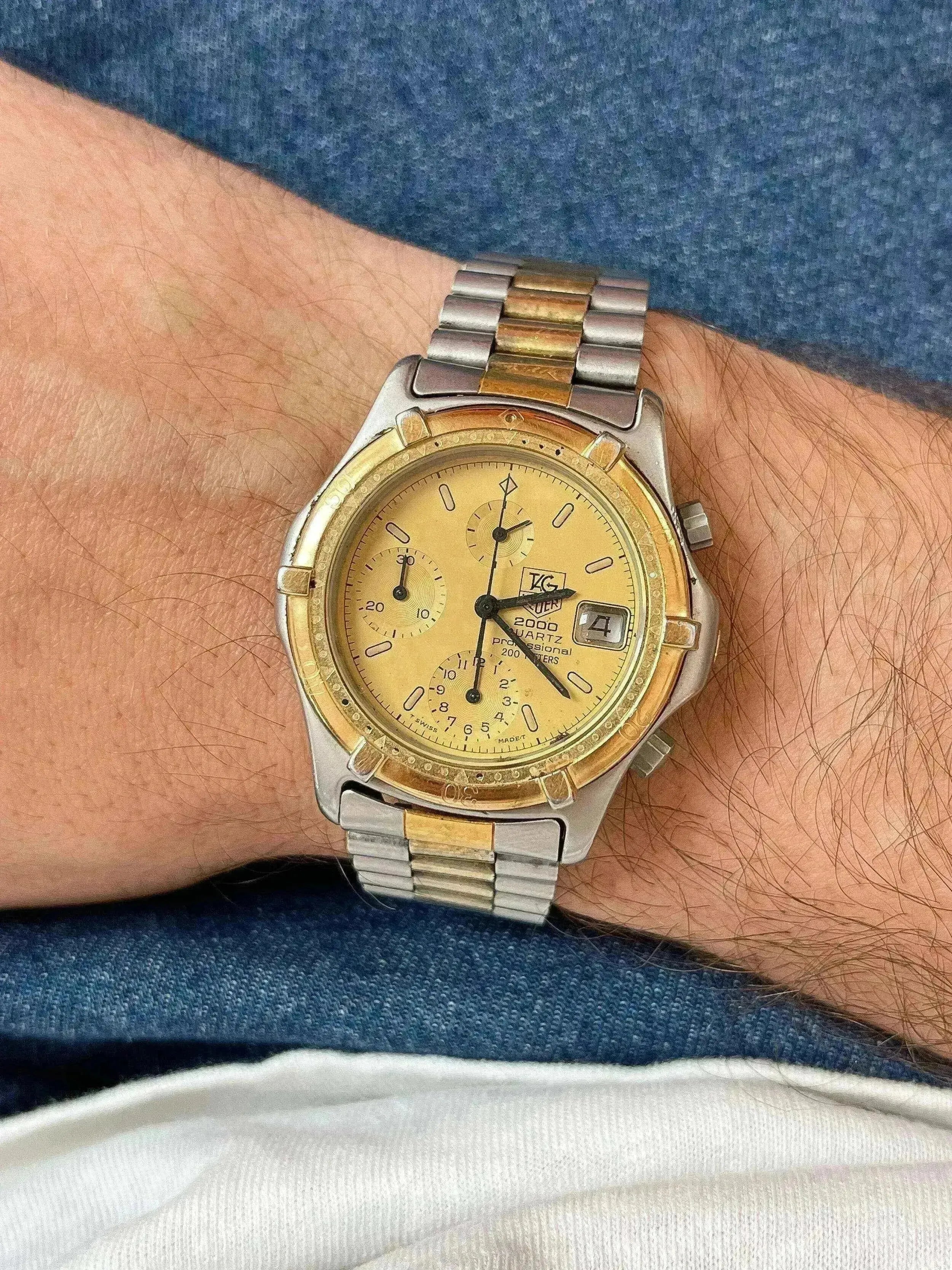 TAG Heuer 2000 Quartz vintage chronograph, two-tone steel and gold, worn on wrist