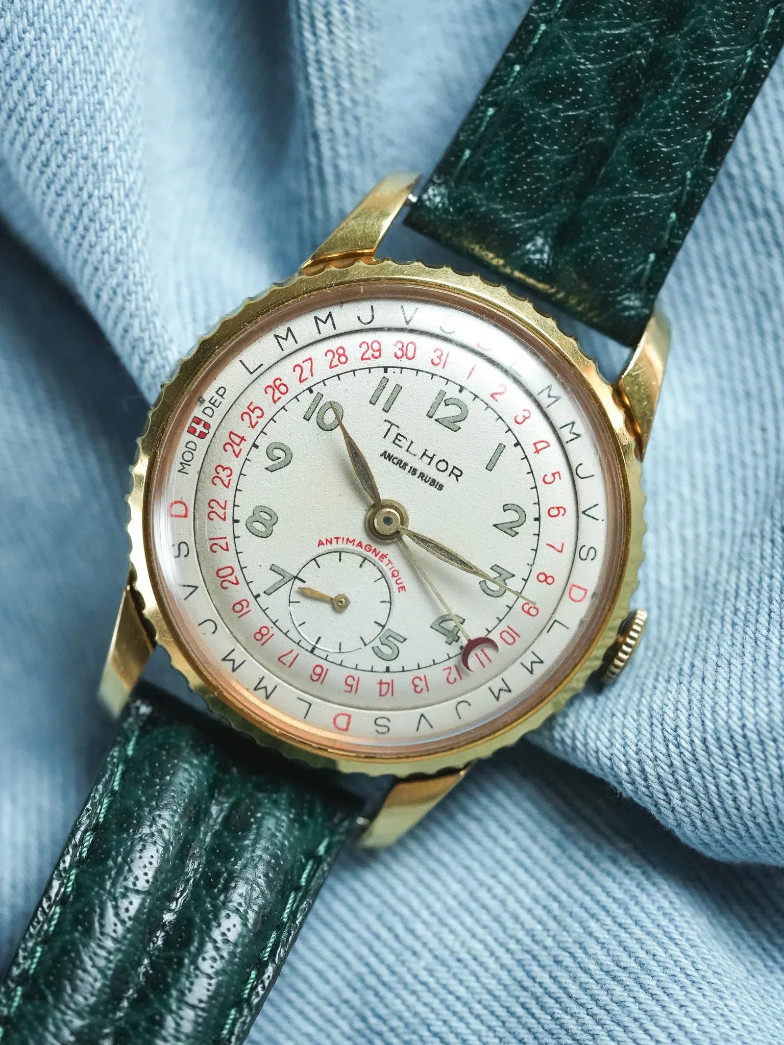 Telhor - Calendrier à lunette tournante plaqué or 36mm - 1960s - Atelier Victor