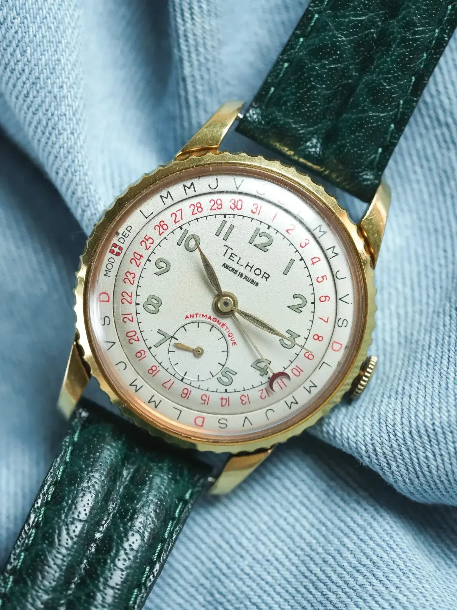 Telhor - Calendrier à lunette tournante plaqué or 36mm - 1960s - Atelier Victor