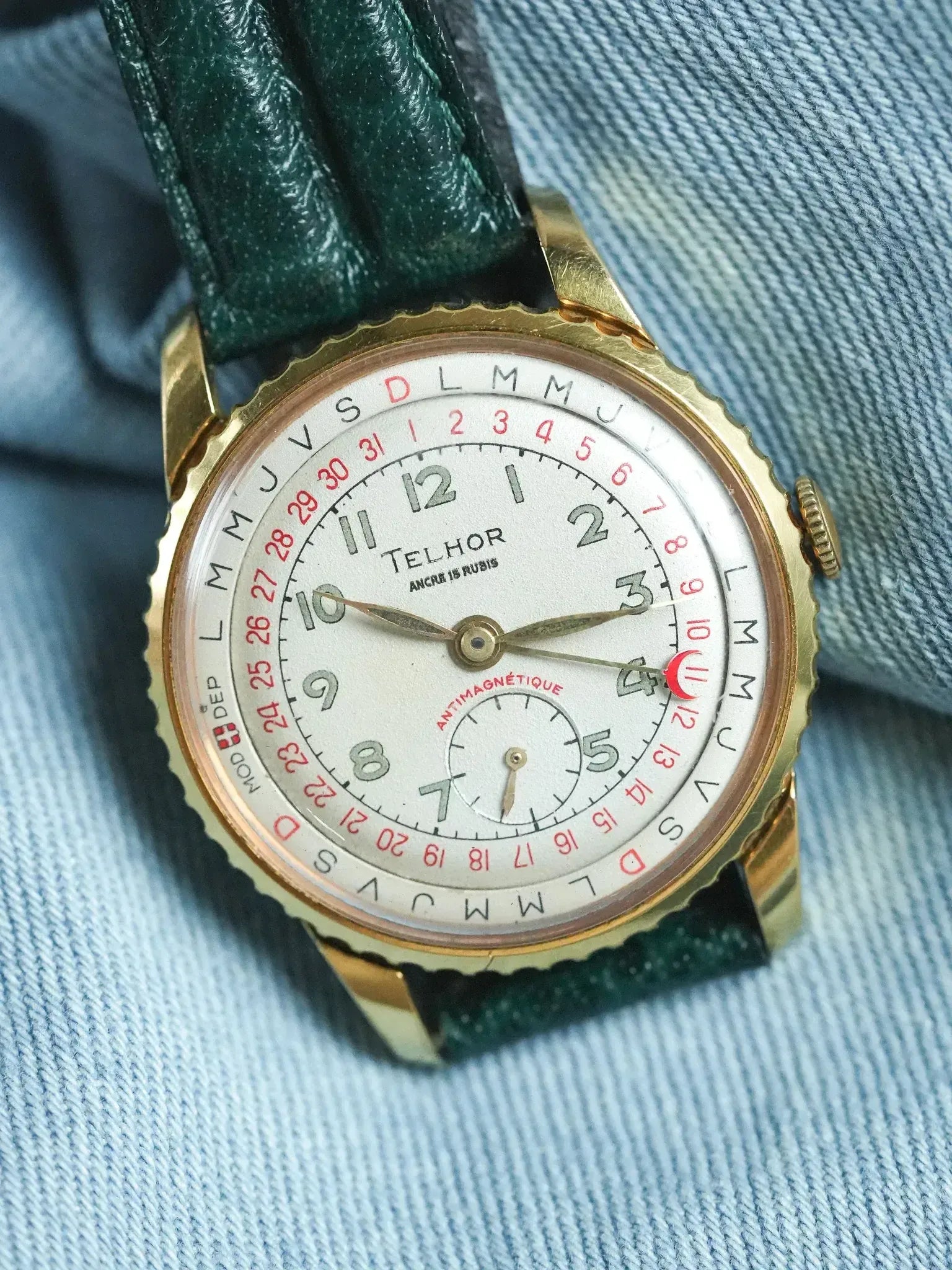 Telhor - Calendrier à lunette tournante plaqué or 36mm - 1960s - Atelier Victor