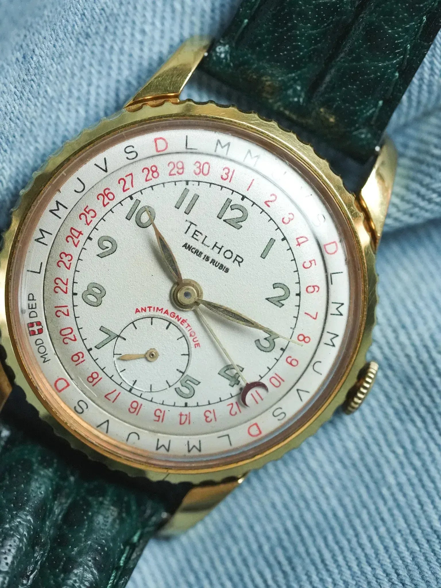 Telhor - Calendrier à lunette tournante plaqué or 36mm - 1960s - Atelier Victor