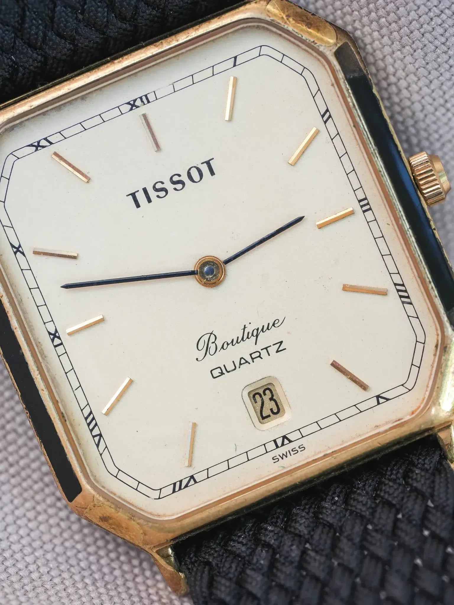 Tissot - Boulgone Octogonale Plaqué or laque noir - 1990s - Atelier Victor