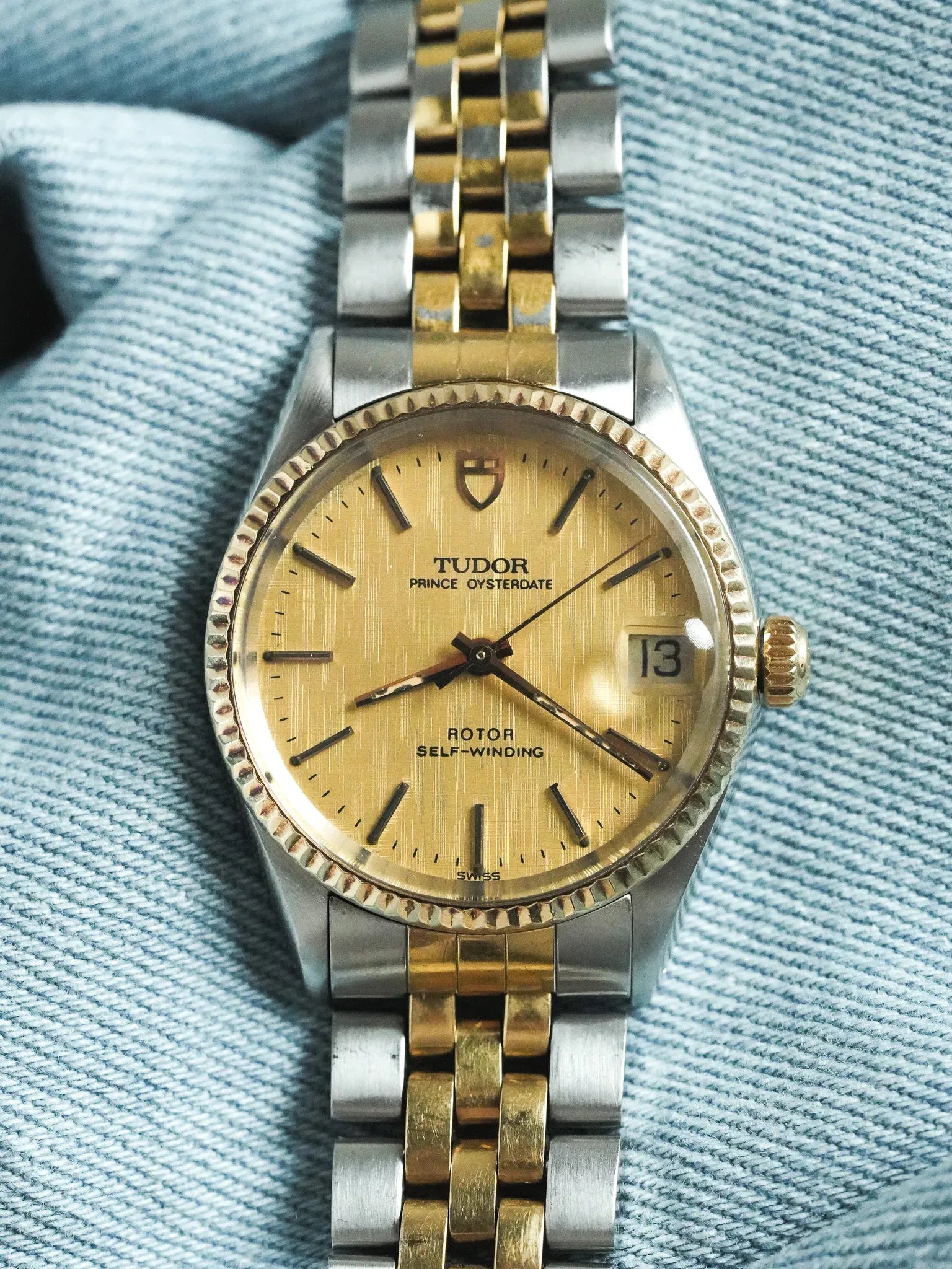 Tudor x Rolex - Prince Oysterdate Steel Gold Linen Dial Fluted Gold 18