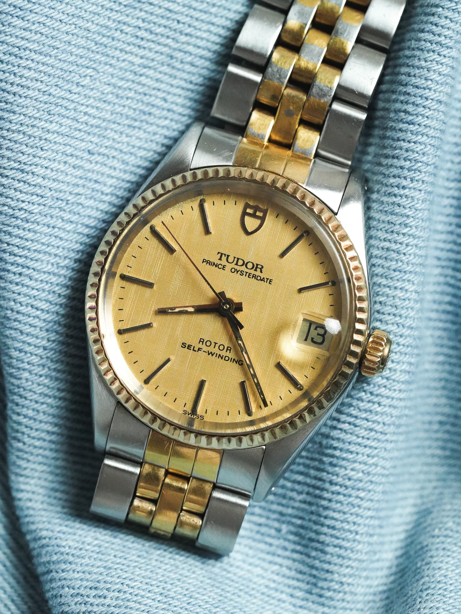 Tudor x Rolex - Prince Oysterdate Acier Or Cadran Lin Cannelée Or 18k - 1980s - Atelier Victor - Vintage Shop