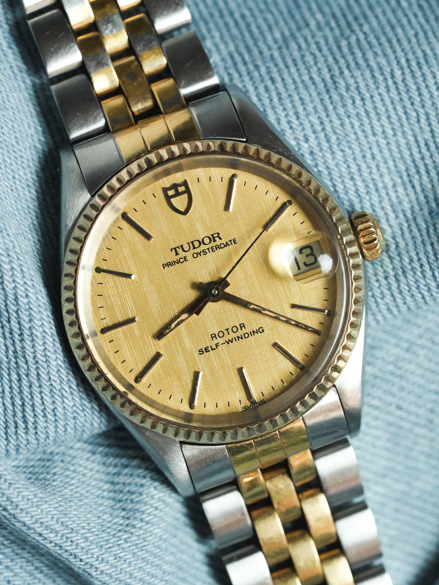 Tudor x Rolex - Prince Oysterdate Acier Or Cadran Lin Cannelée Or 18k - 1980s - Atelier Victor - Vintage Shop