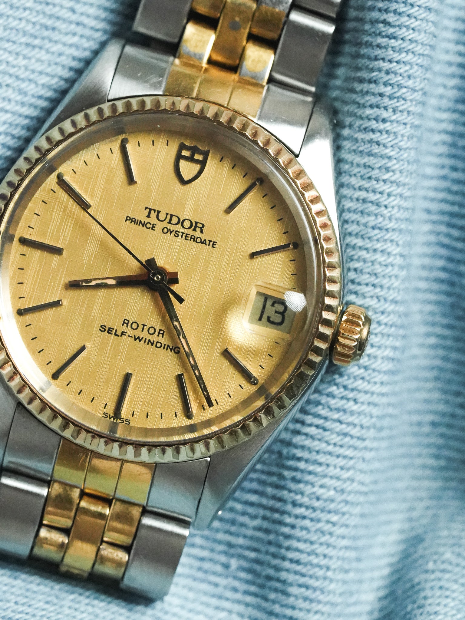 Tudor x Rolex - Prince Oysterdate Acier Or Cadran Lin Cannelée Or 18k - 1980s - Atelier Victor - Vintage Shop