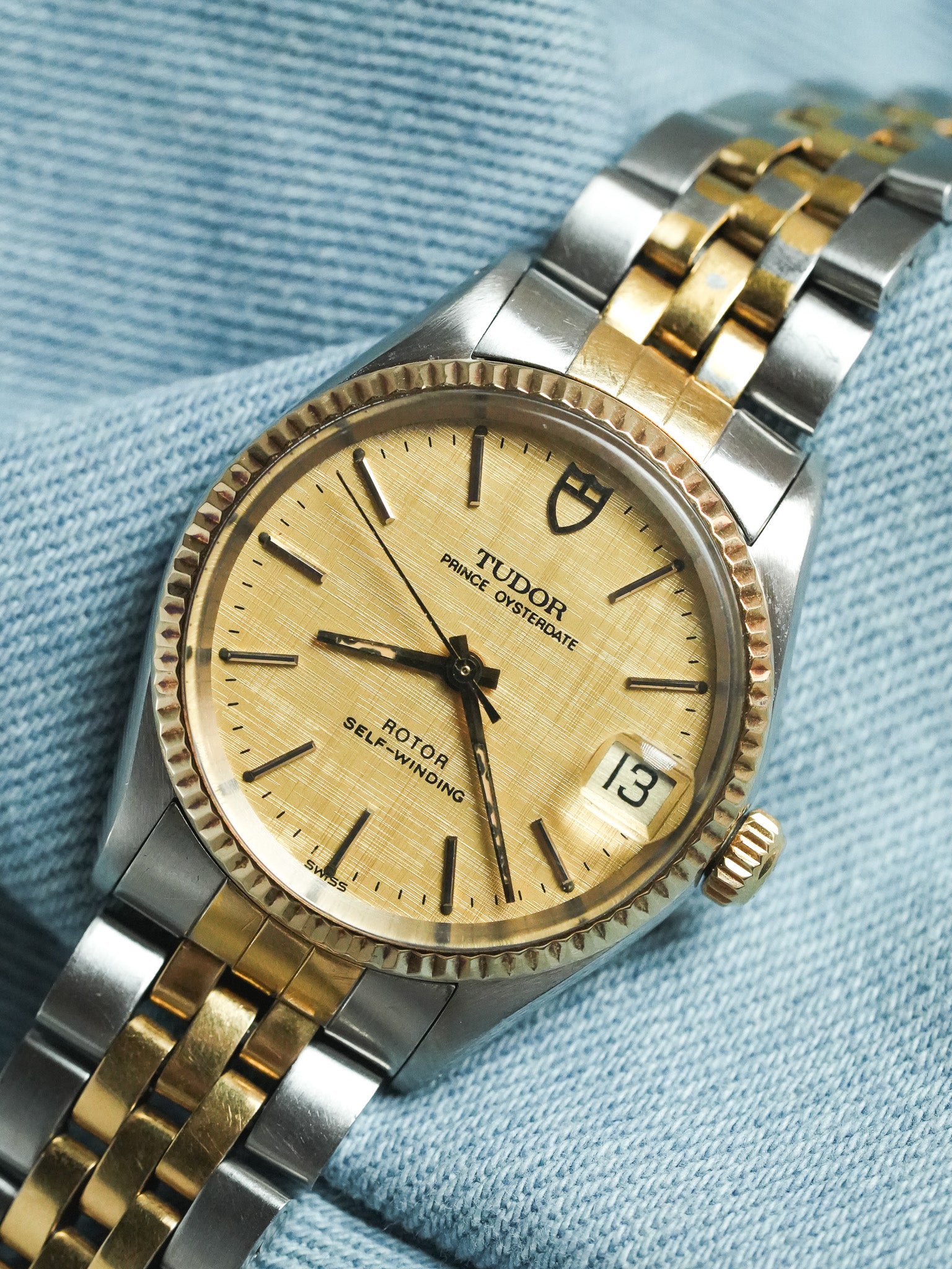Tudor x Rolex - Prince Oysterdate Acier Or Cadran Lin Cannelée Or 18k - 1980s - Atelier Victor - Vintage Shop
