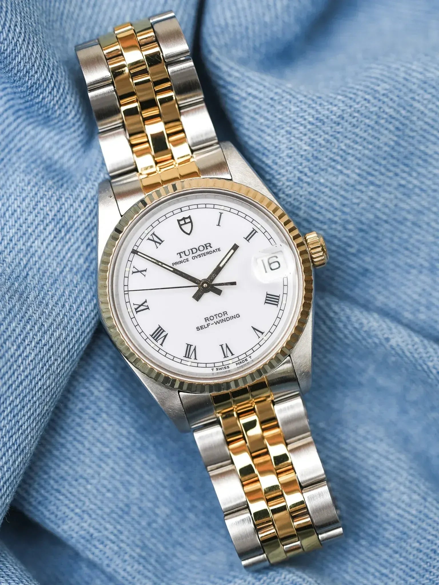 時計 kunihisa PRINCE OYSTERDATE Tudor x Rolex - Prince Oysterdate White Roman Fluted Steel Gold - 1990