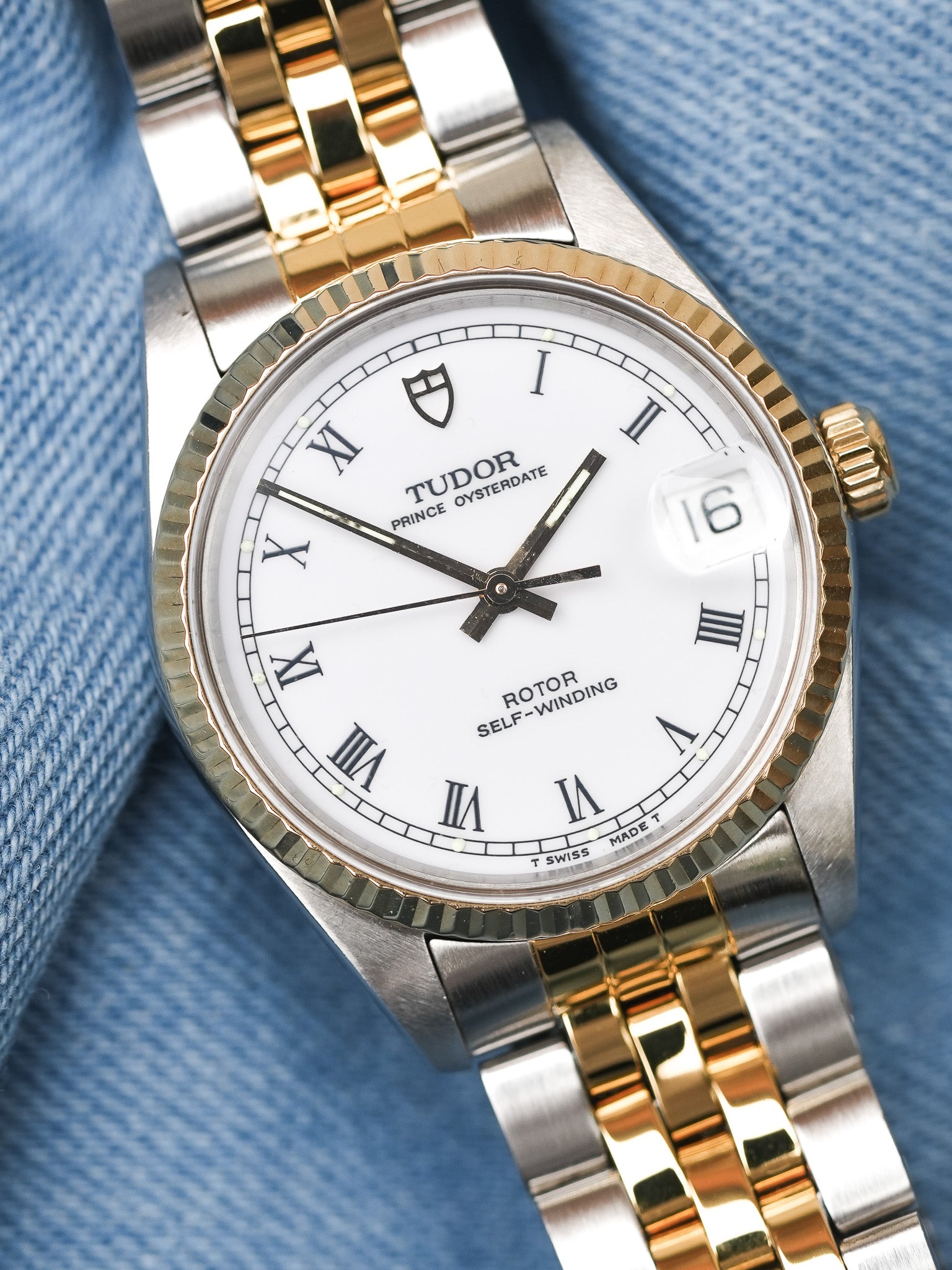 Tudor x Rolex - Prince Oysterdate Blanc Romain Cannelée Acier Or - 1990s - Atelier Victor - Vintage Shop