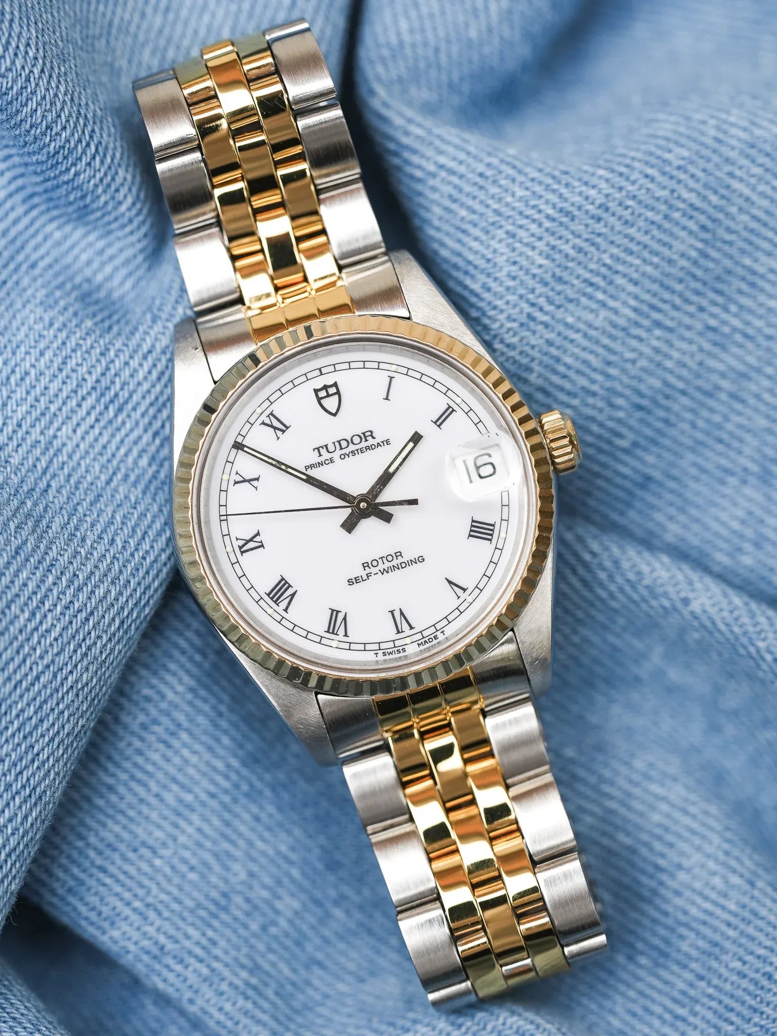 Tudor x Rolex - Prince Oysterdate Blanc Romain Cannelée Acier Or - 1990s - Atelier Victor - Vintage Shop
