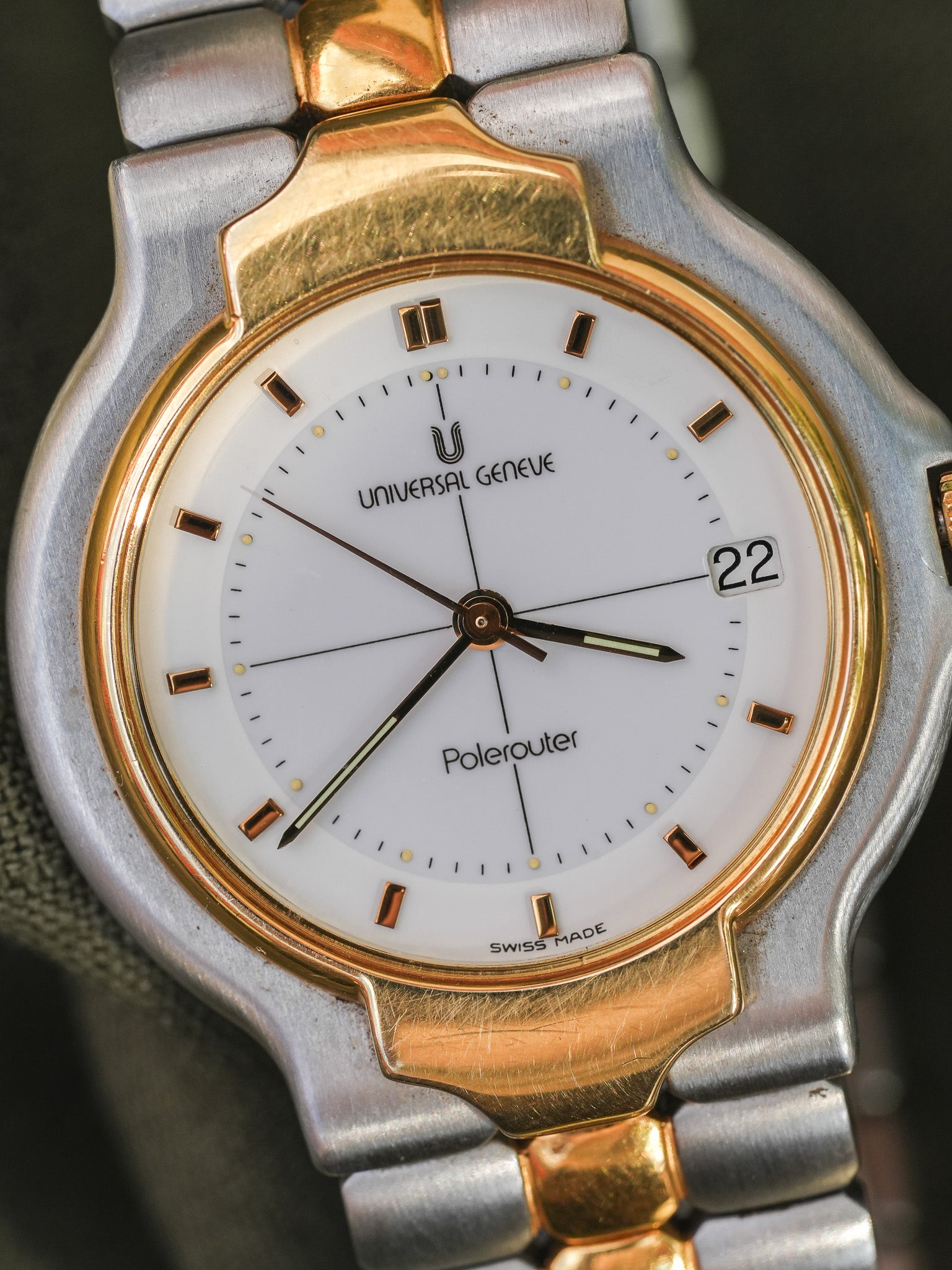Universal Genève - Polerouter Acier Or Quartz Cadran Blanc - 1980s - Atelier Victor - Vintage Shop