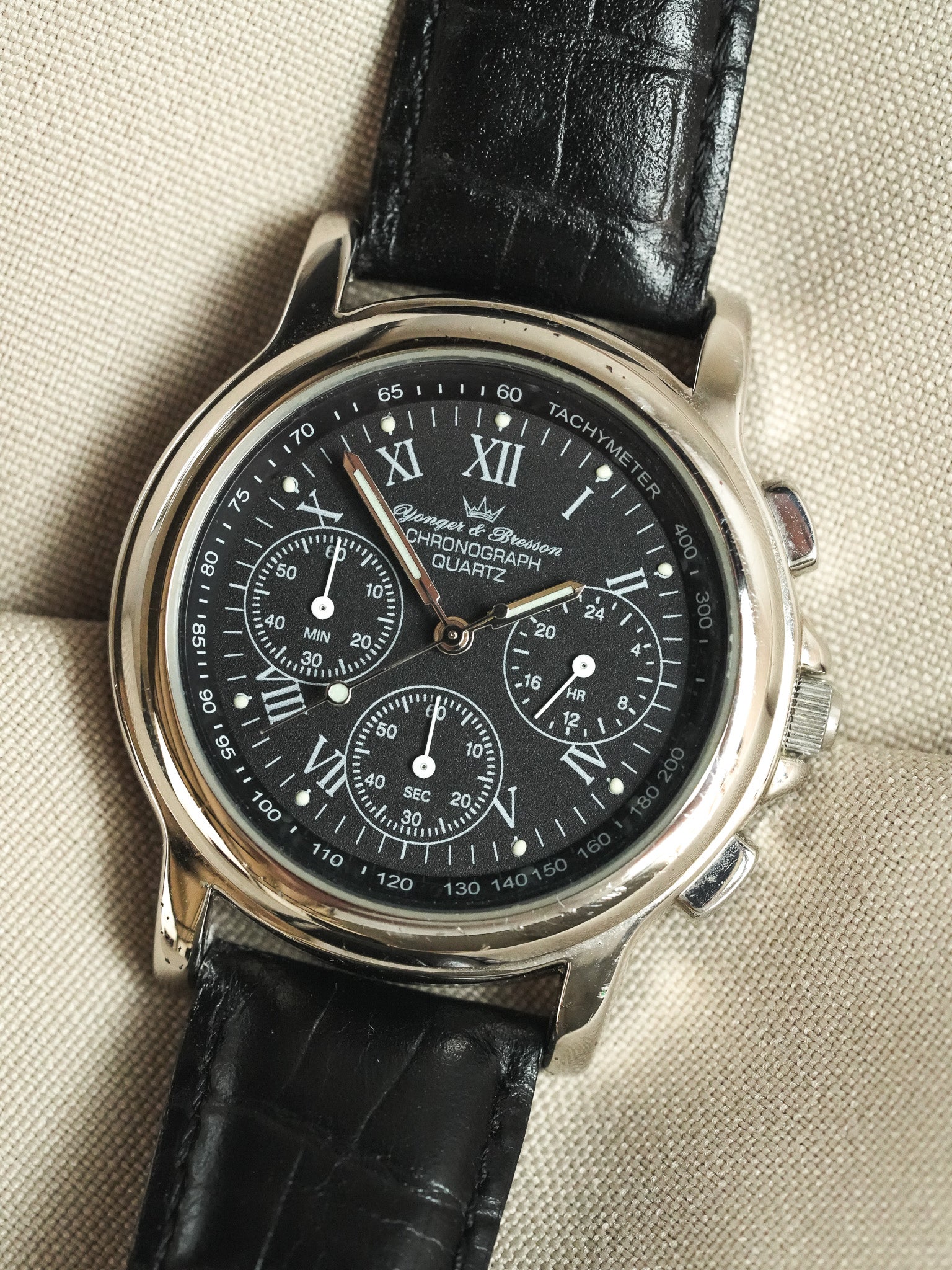 Yonger Bresson - Chronographe Noir Acier Quartz 39mm - 1990s - Atelier Victor - Vintage Shop