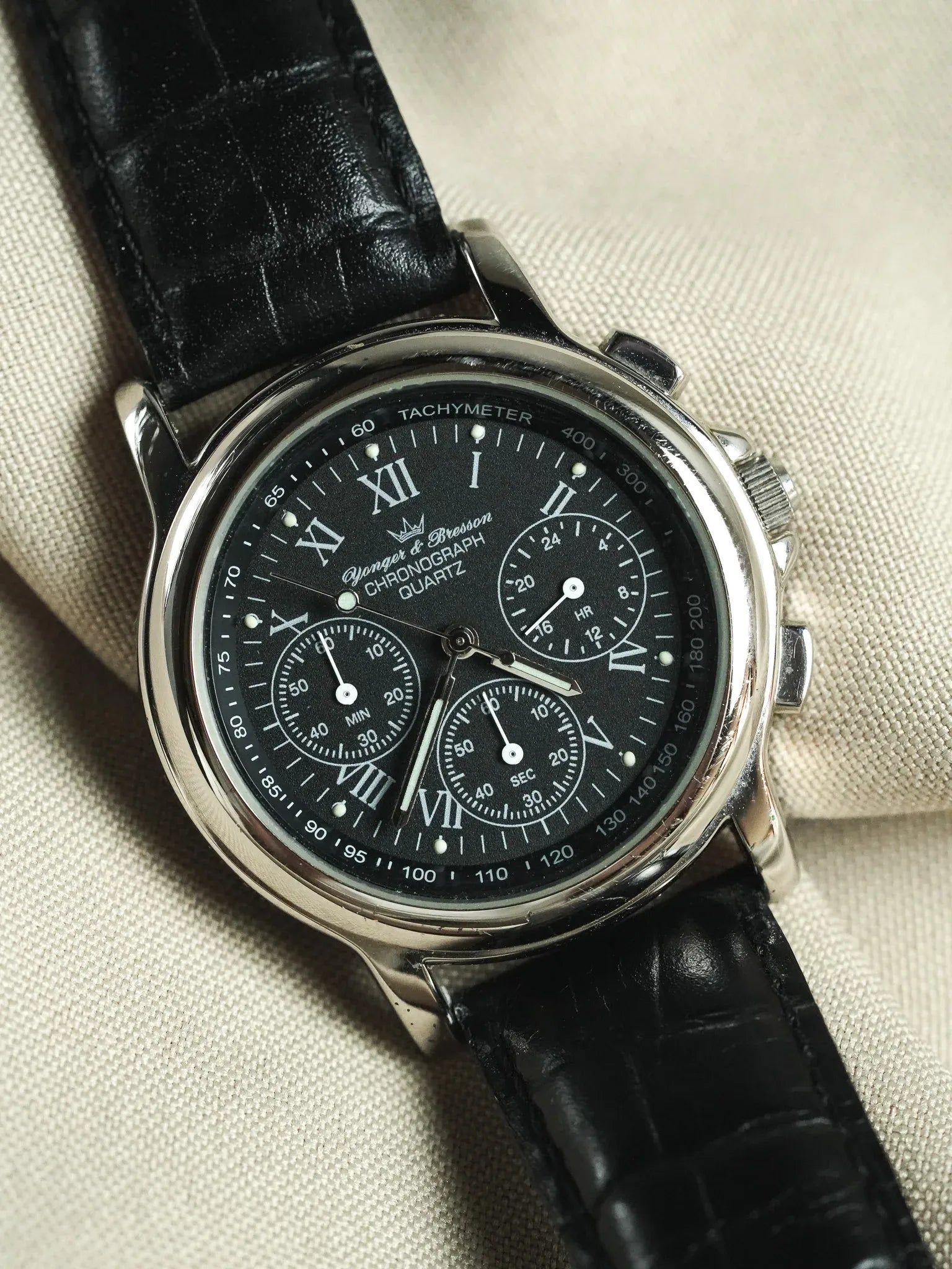 Yonger Bresson - Chronographe Noir Acier Quartz 39mm - 1990s - Atelier Victor - Vintage Shop
