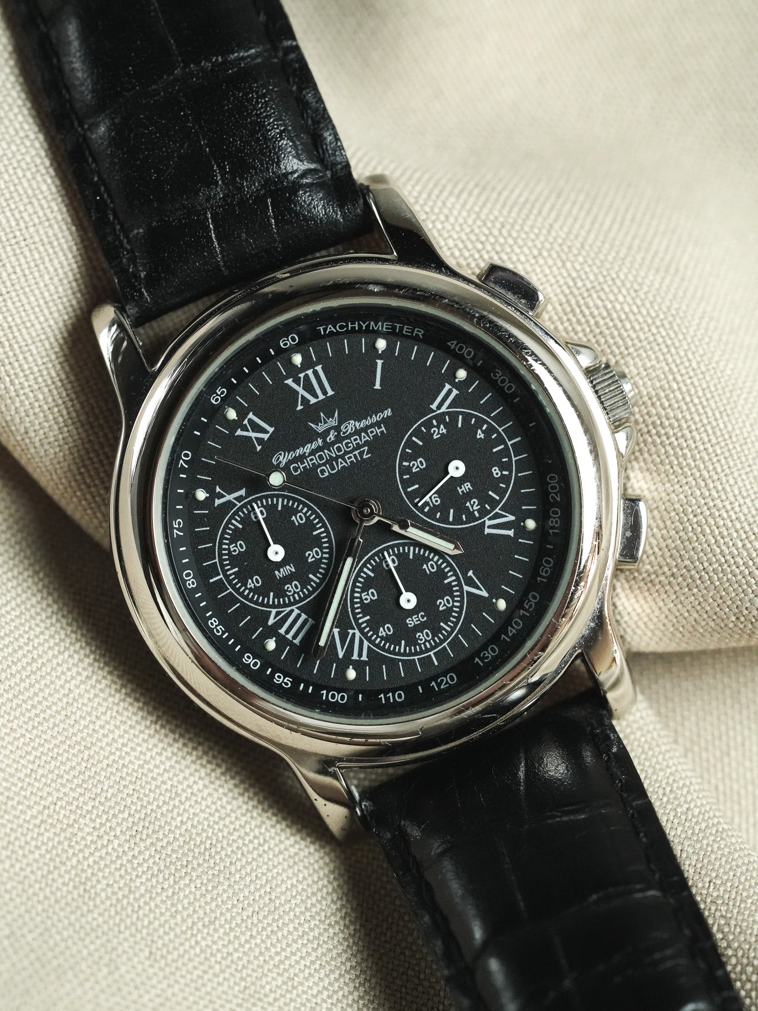 Yonger Bresson - Chronographe Noir Acier Quartz 39mm - 1990s - Atelier Victor - Vintage Shop