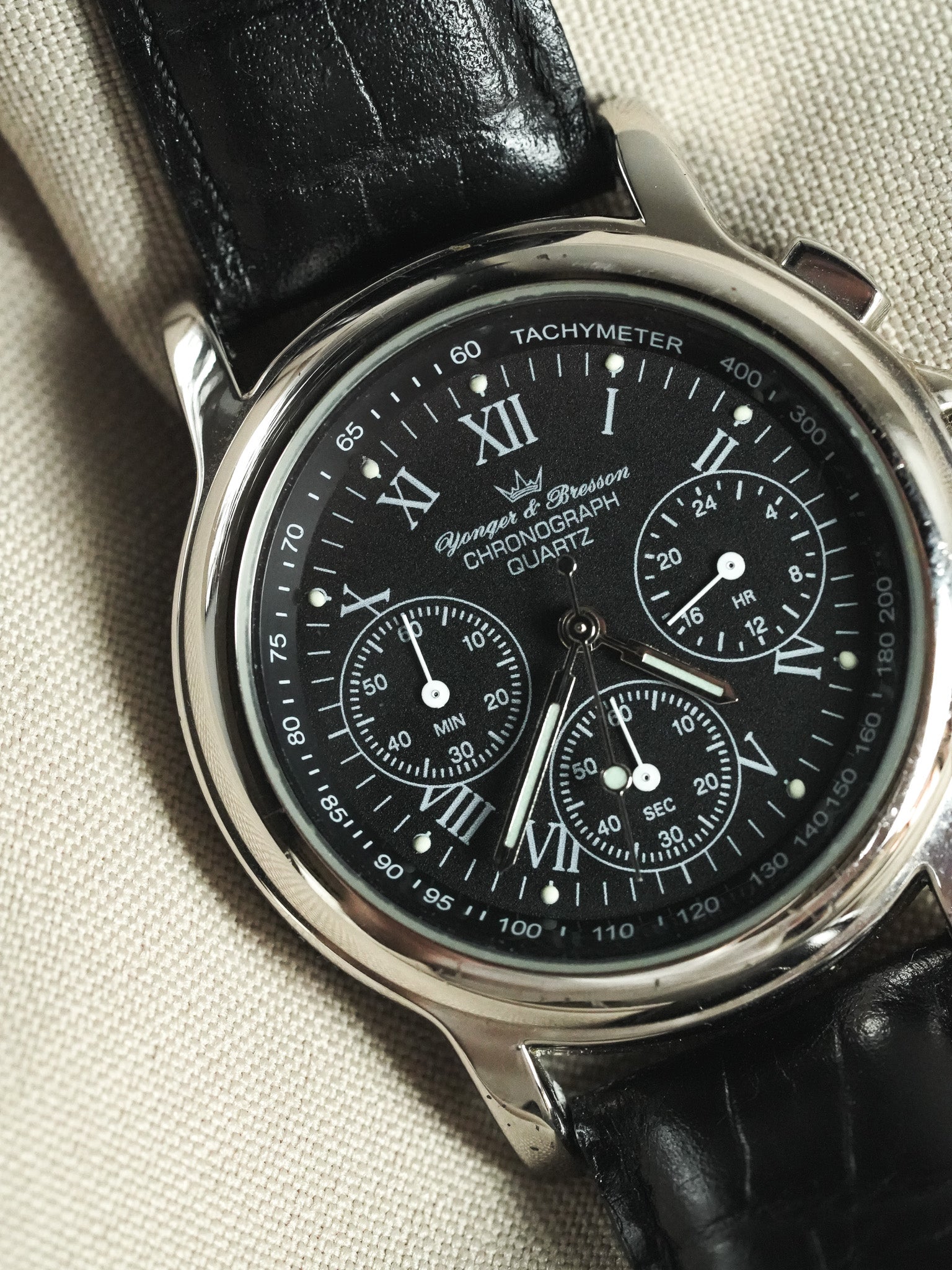 Yonger Bresson - Chronographe Noir Acier Quartz 39mm - 1990s - Atelier Victor - Vintage Shop
