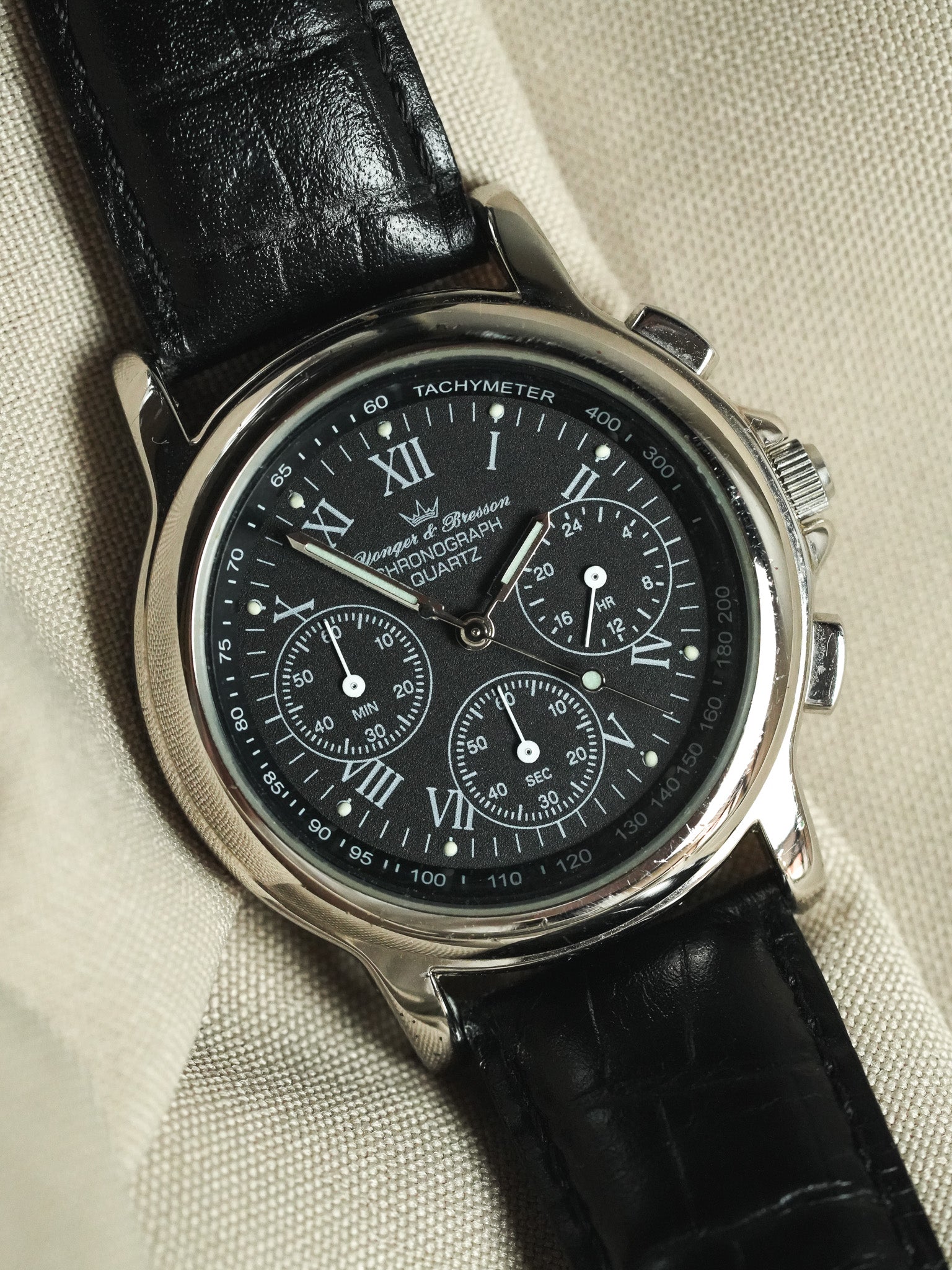 Yonger Bresson - Chronographe Noir Acier Quartz 39mm - 1990s - Atelier Victor - Vintage Shop