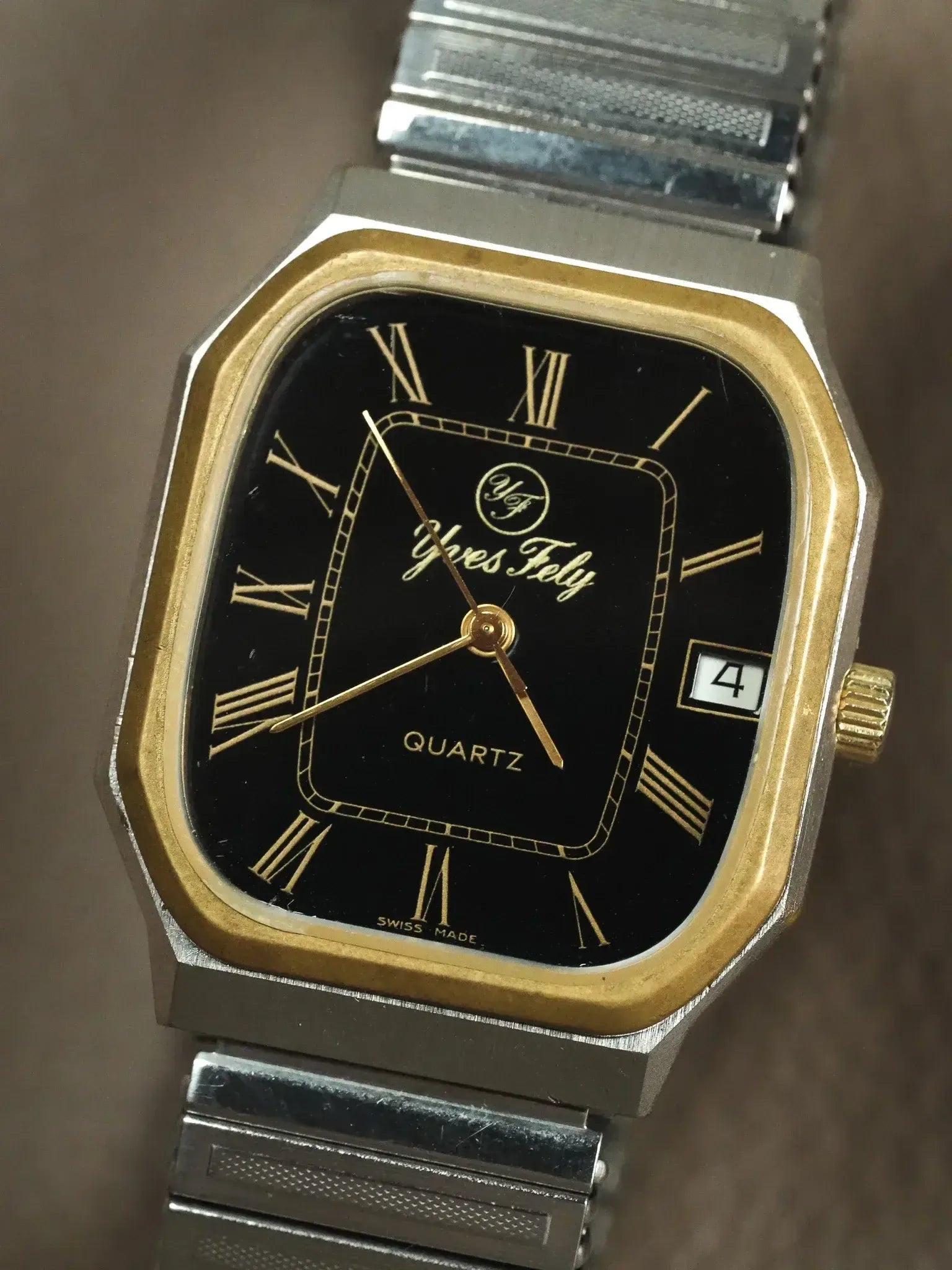 Yves Fely - Tank Octogonale XL Bicolore cadran noir chiffres romain - 1990s - Atelier Victor