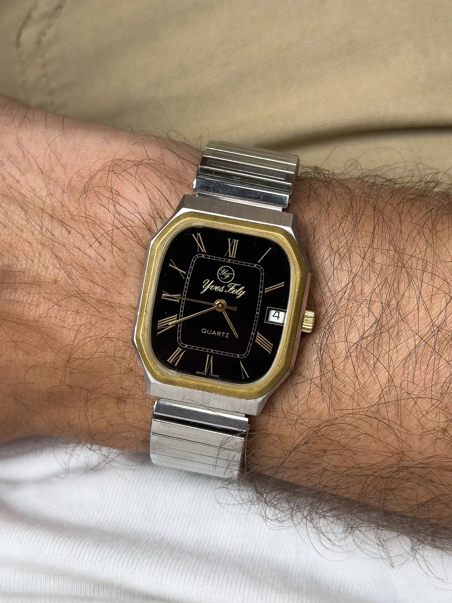 Yves Fely - Tank Octogonale XL Bicolore cadran noir chiffres romain - 1990s - Atelier Victor