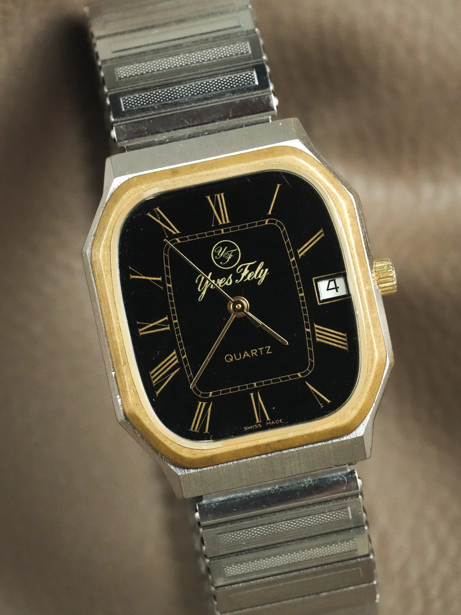 Yves Fely - Tank Octogonale XL Bicolore cadran noir chiffres romain - 1990s - Atelier Victor