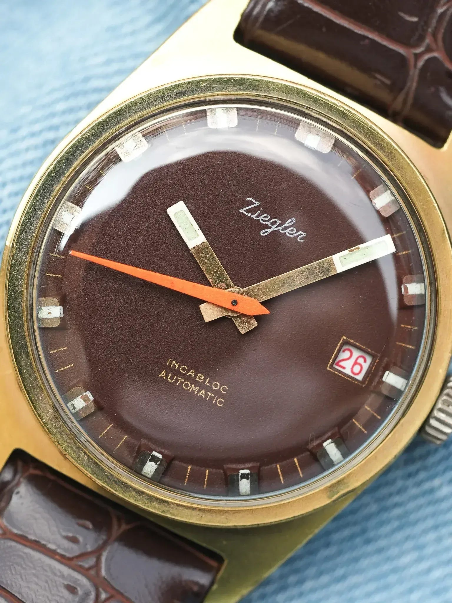 Ziegler - Plaqué or Chocolat Marron Trotteuse Orange - 1970s - Atelier Victor