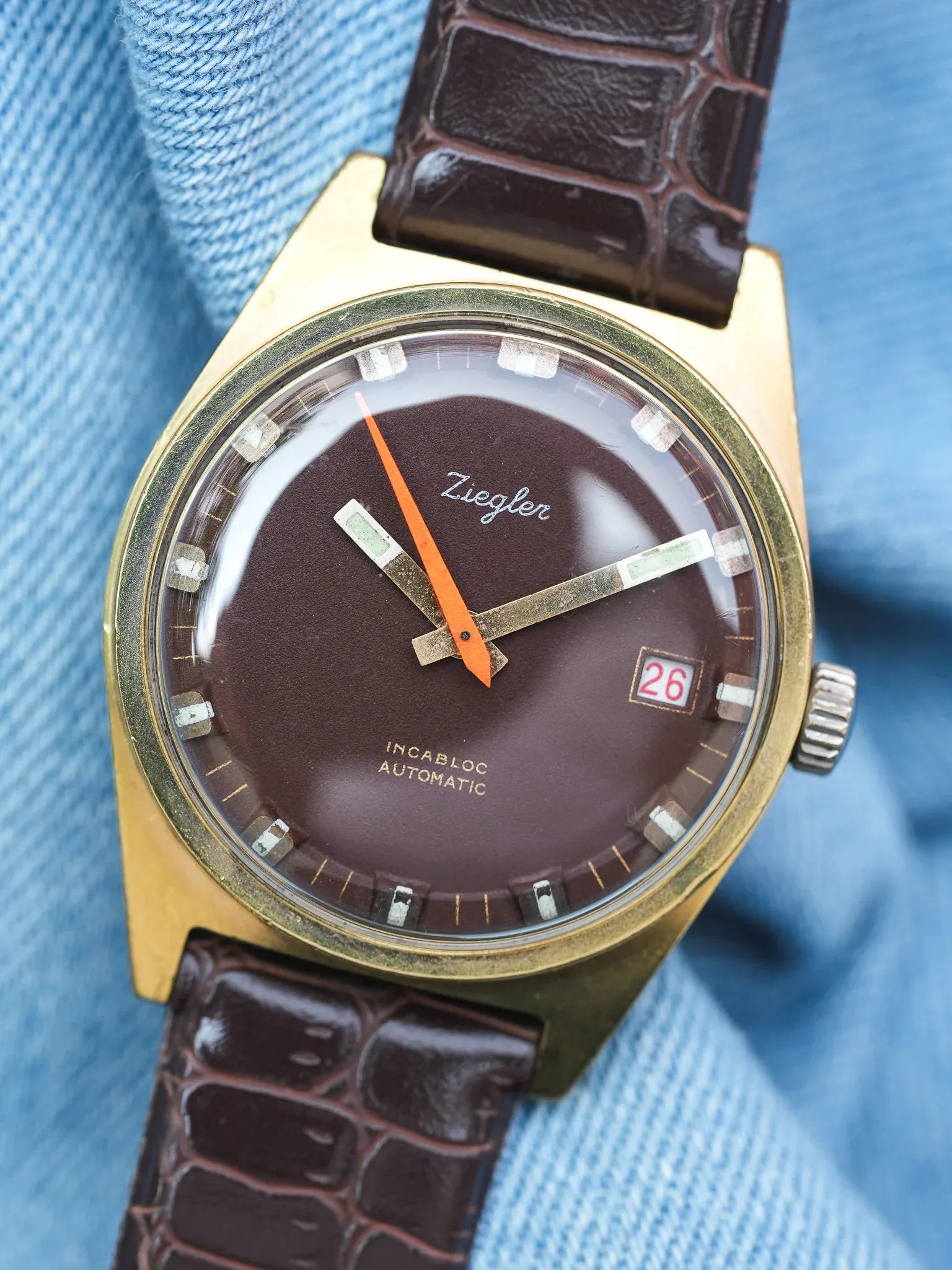 Ziegler - Plaqué or Chocolat Marron Trotteuse Orange - 1970s - Atelier Victor