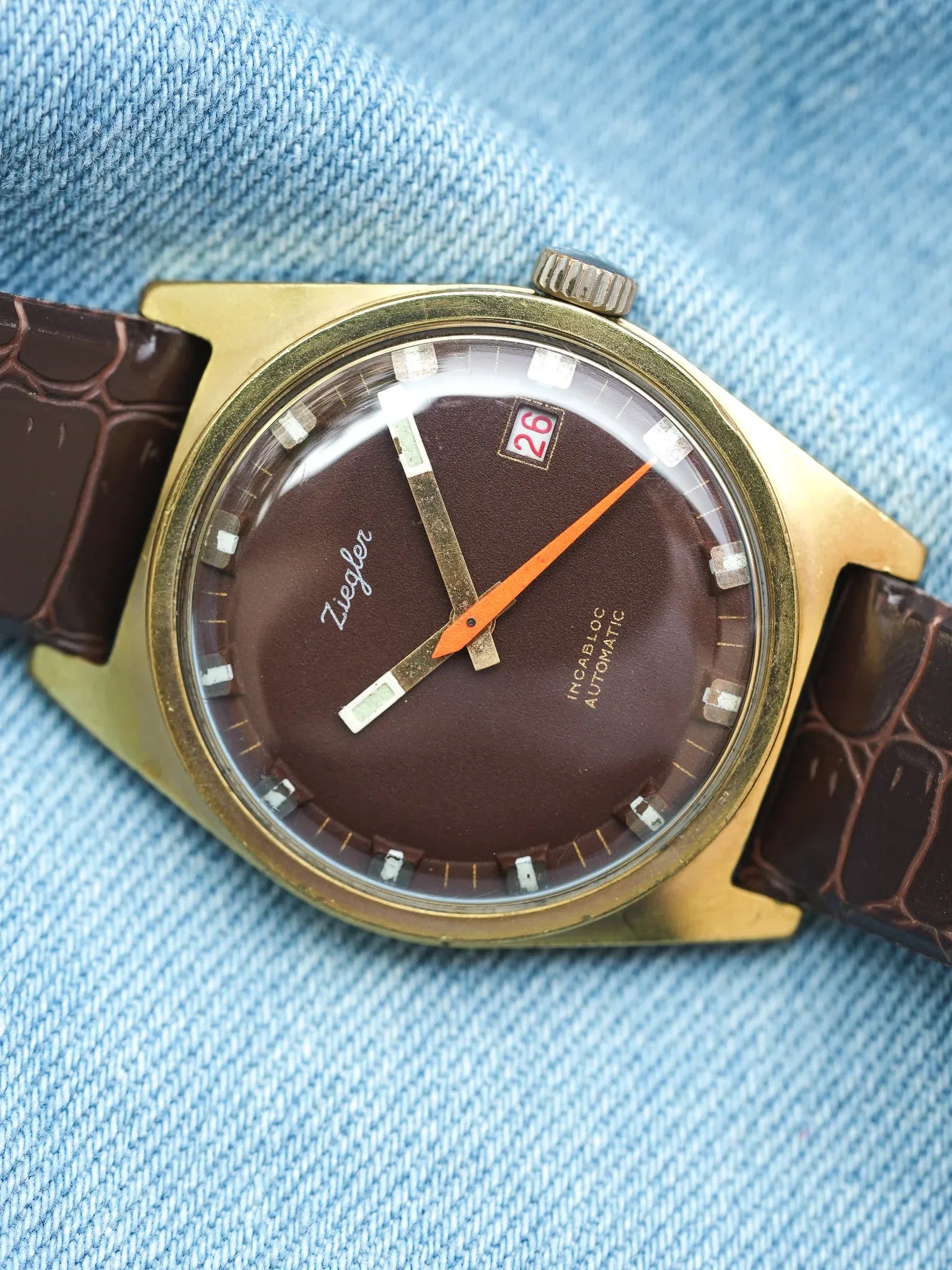 Ziegler - Plaqué or Chocolat Marron Trotteuse Orange - 1970s - Atelier Victor