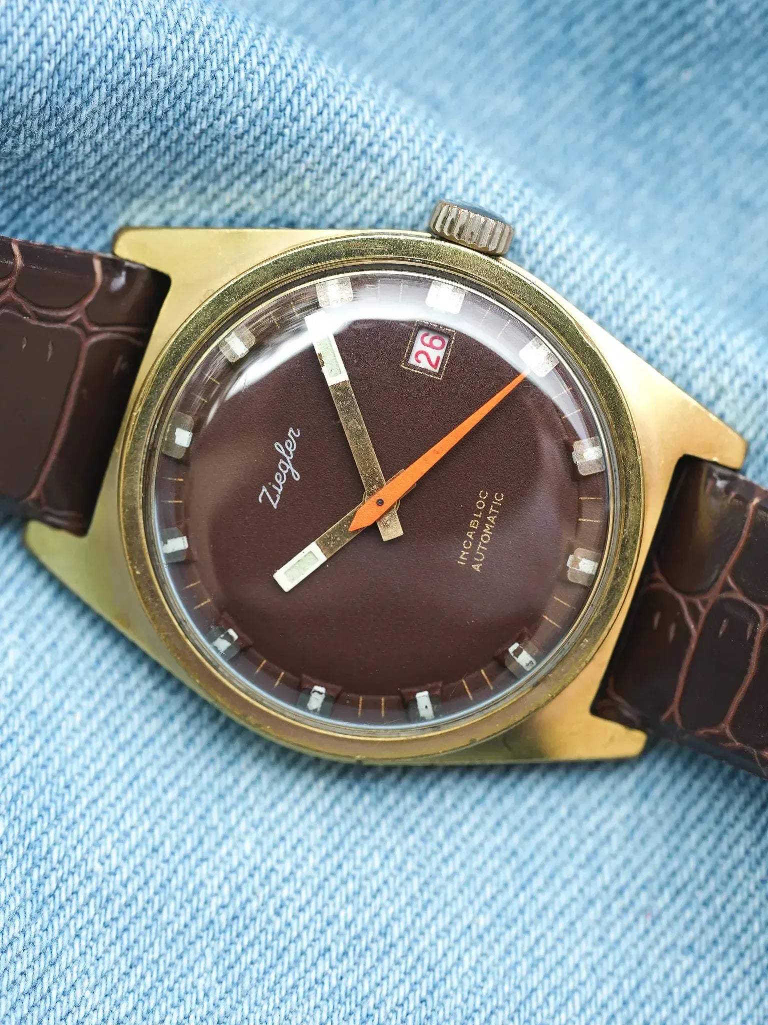 Ziegler - Plaqué or Chocolat Marron Trotteuse Orange - 1970s - Atelier Victor