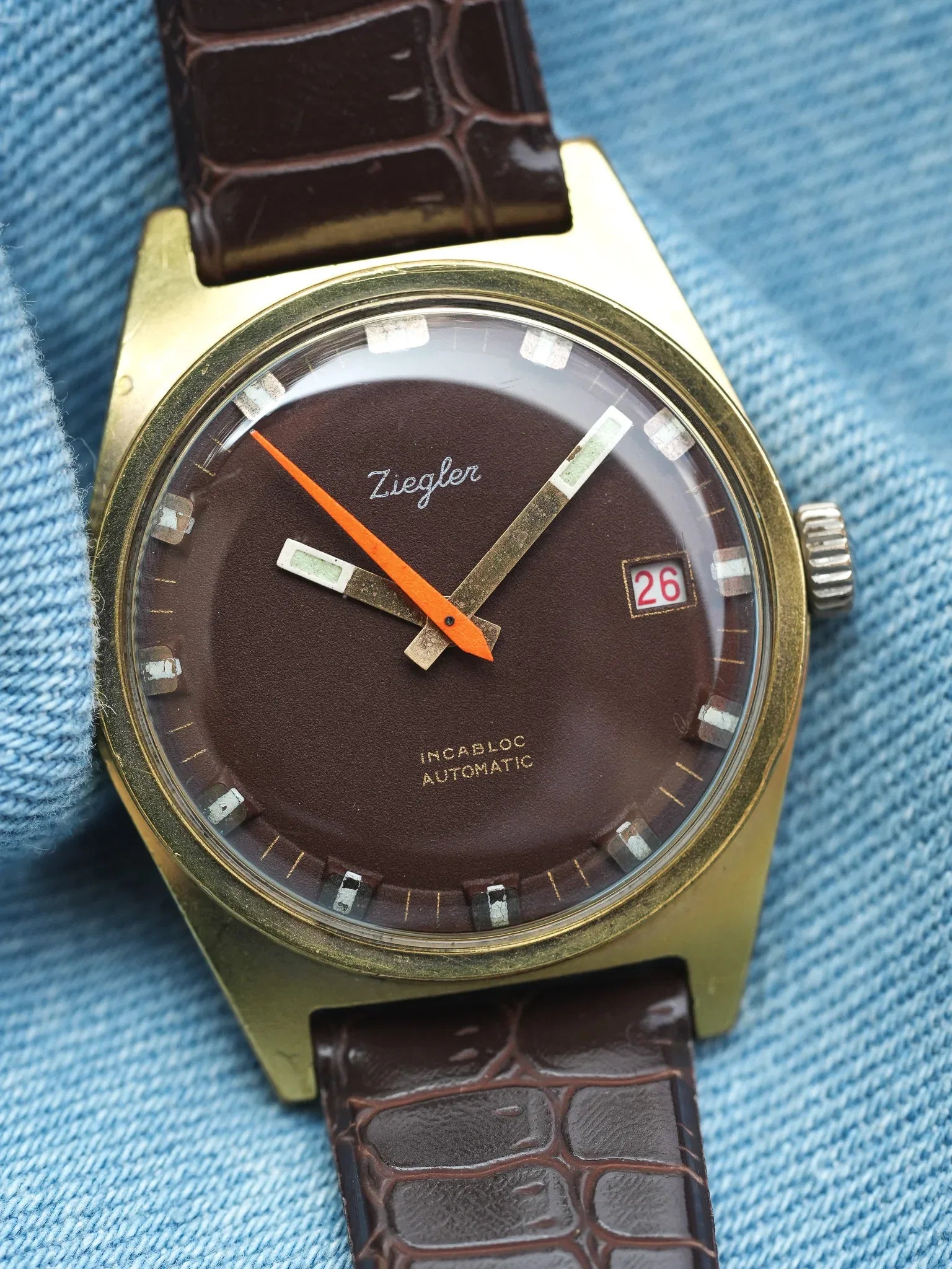 Ziegler - Plaqué or Chocolat Marron Trotteuse Orange - 1970s - Atelier Victor