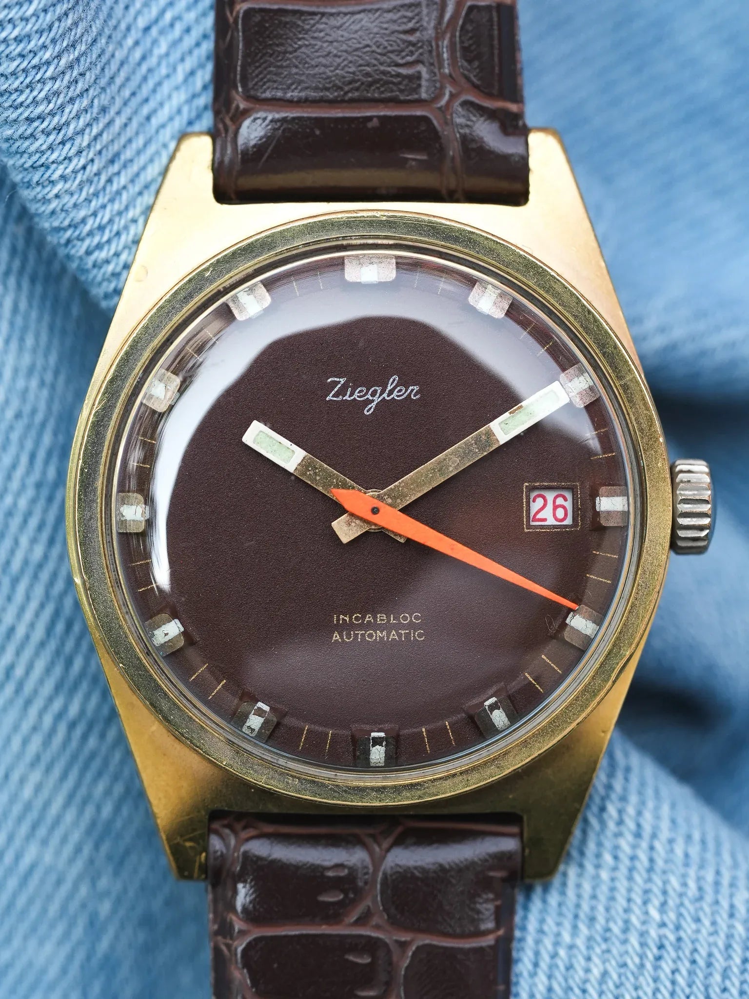 Ziegler - Plaqué or Chocolat Marron Trotteuse Orange - 1970s - Atelier Victor