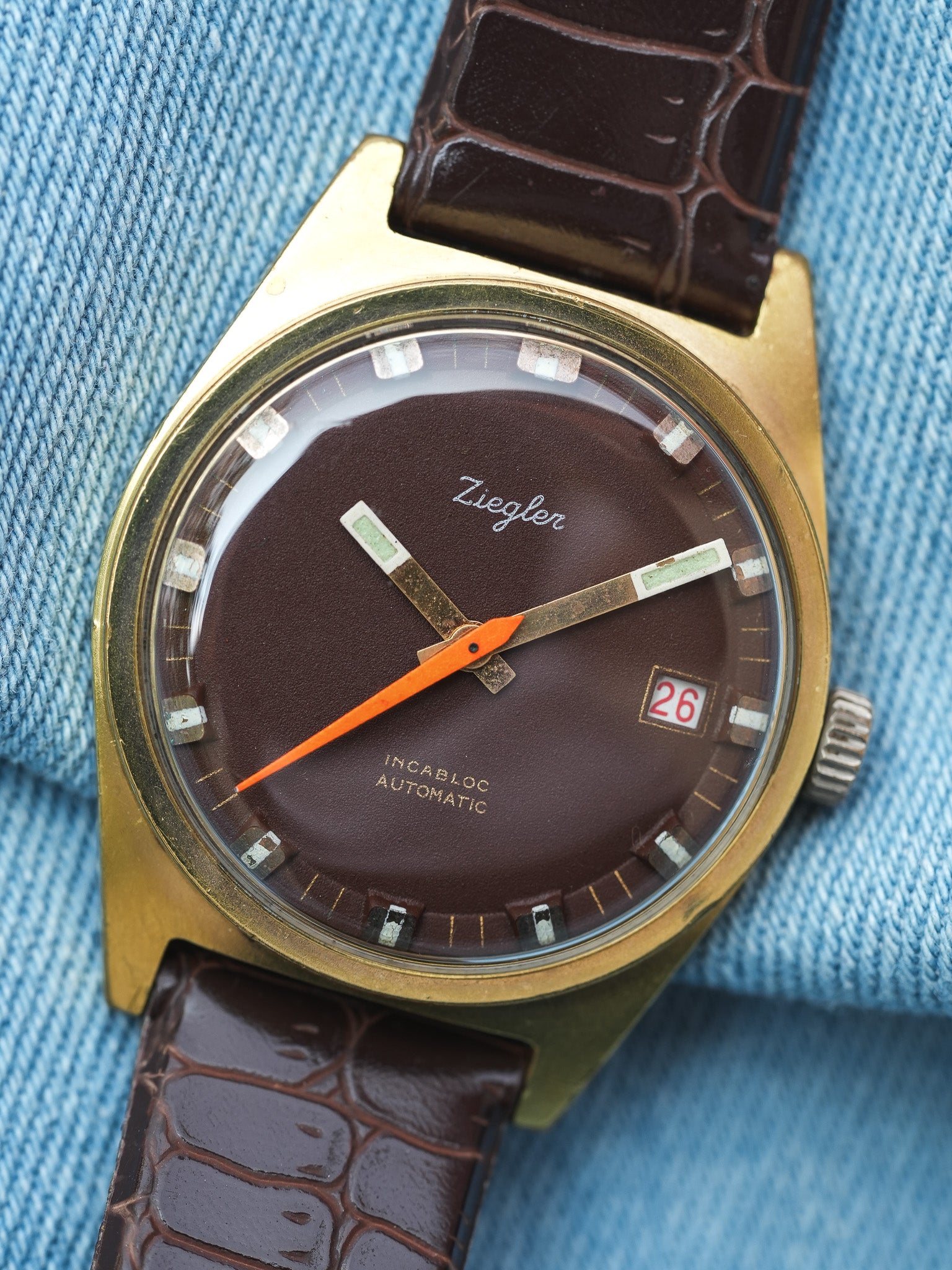 Ziegler - Plaqué or Chocolat Marron Trotteuse Orange - 1970s - Atelier Victor Paris - Vintage Watch Shop Dubai