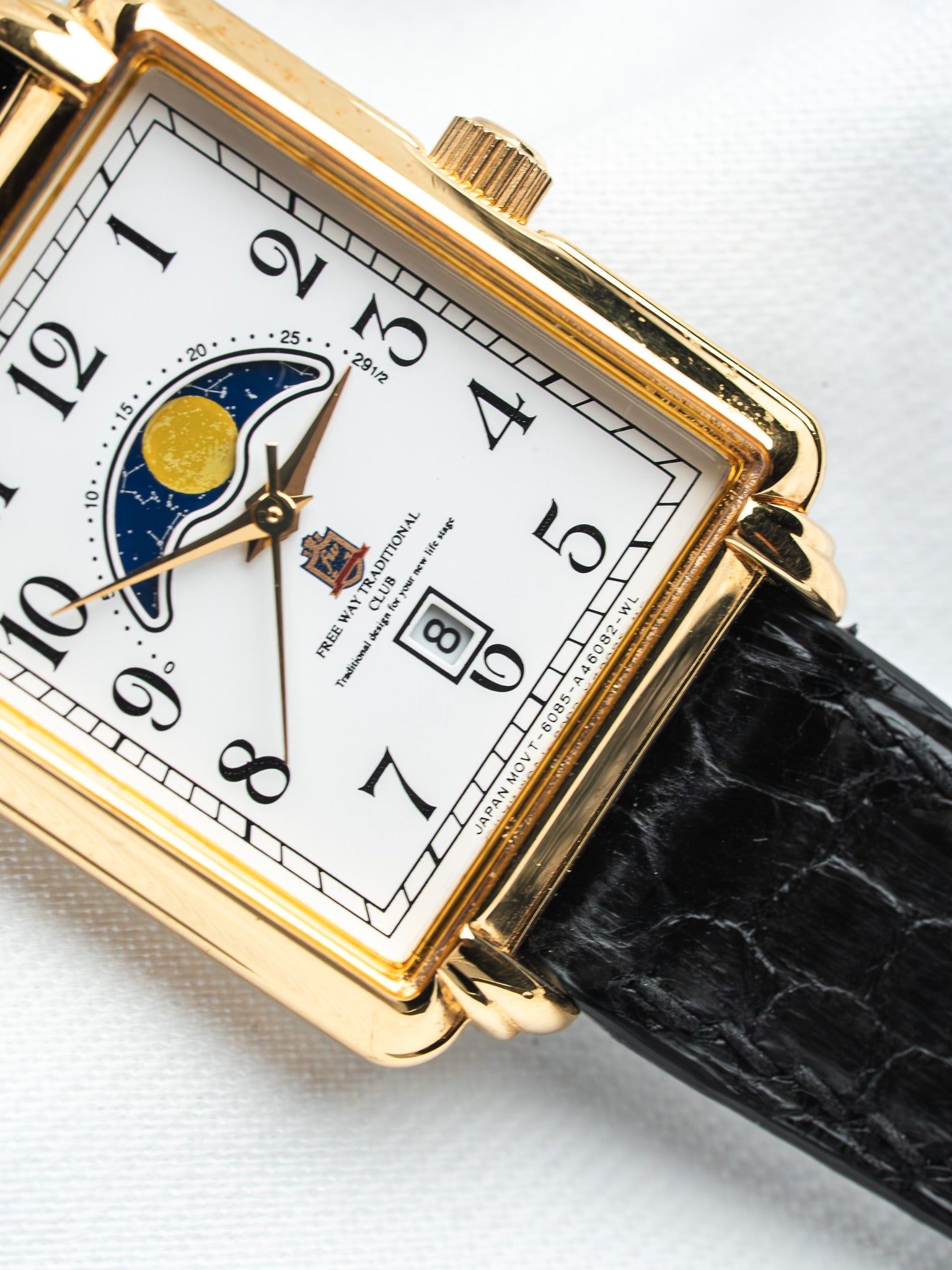 Vintage Free Way Traditional Club watch, gold case, white dial, black alligator strap
