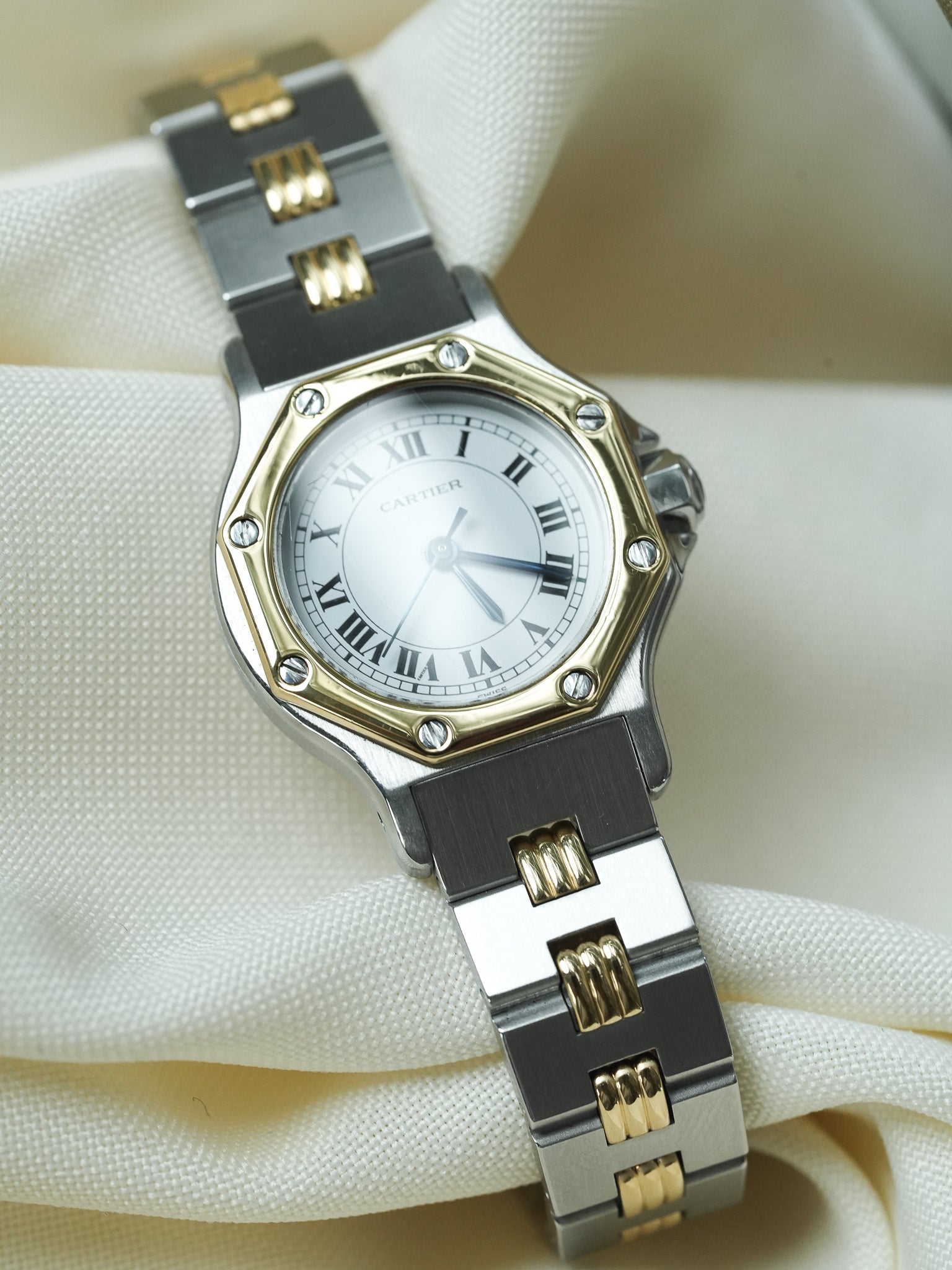 Montre Cartier Santos Vintage - Octogonale Godron 24mm Acier Or Femme (Années 1980)