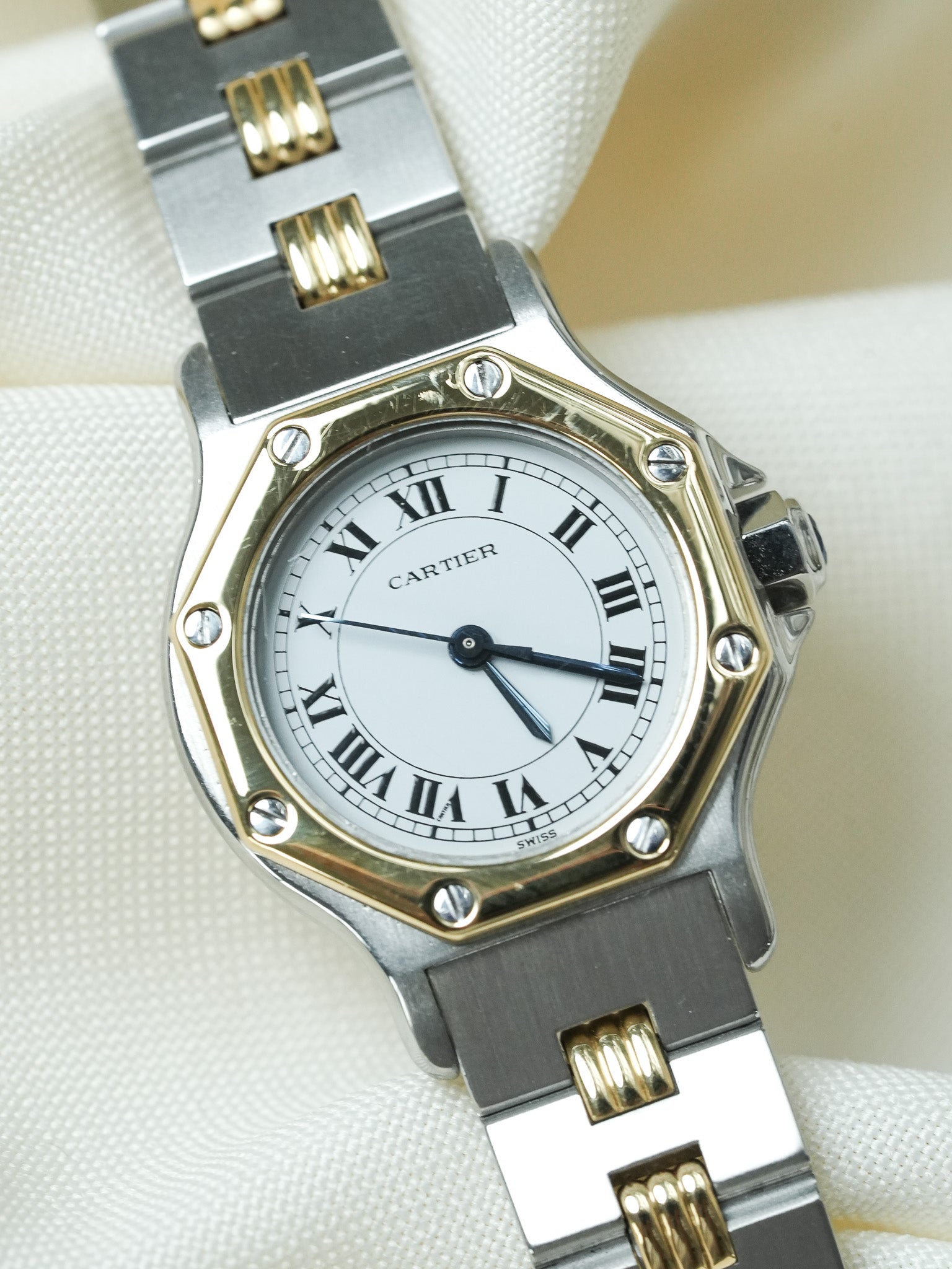 Montre Cartier Santos Vintage - Octogonale Godron 24mm Acier Or Femme (Années 1980)