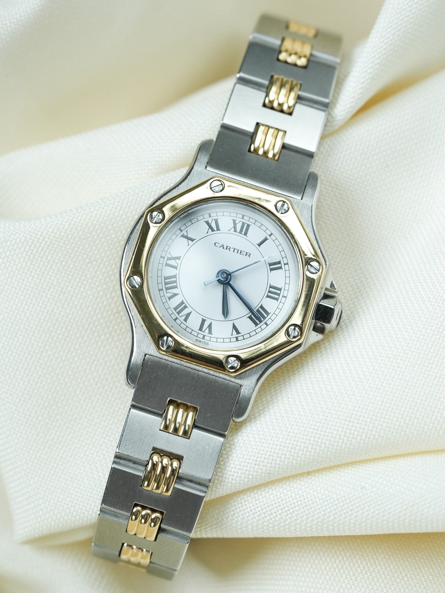 Montre Cartier Santos Vintage - Octogonale Godron 24mm Acier Or Femme (Années 1980)