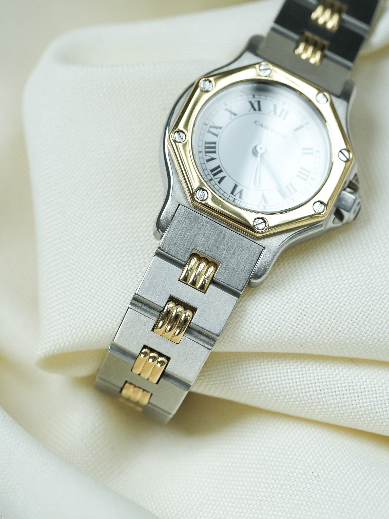 Montre Cartier Santos Vintage - Octogonale Godron 24mm Acier Or Femme (Années 1980)