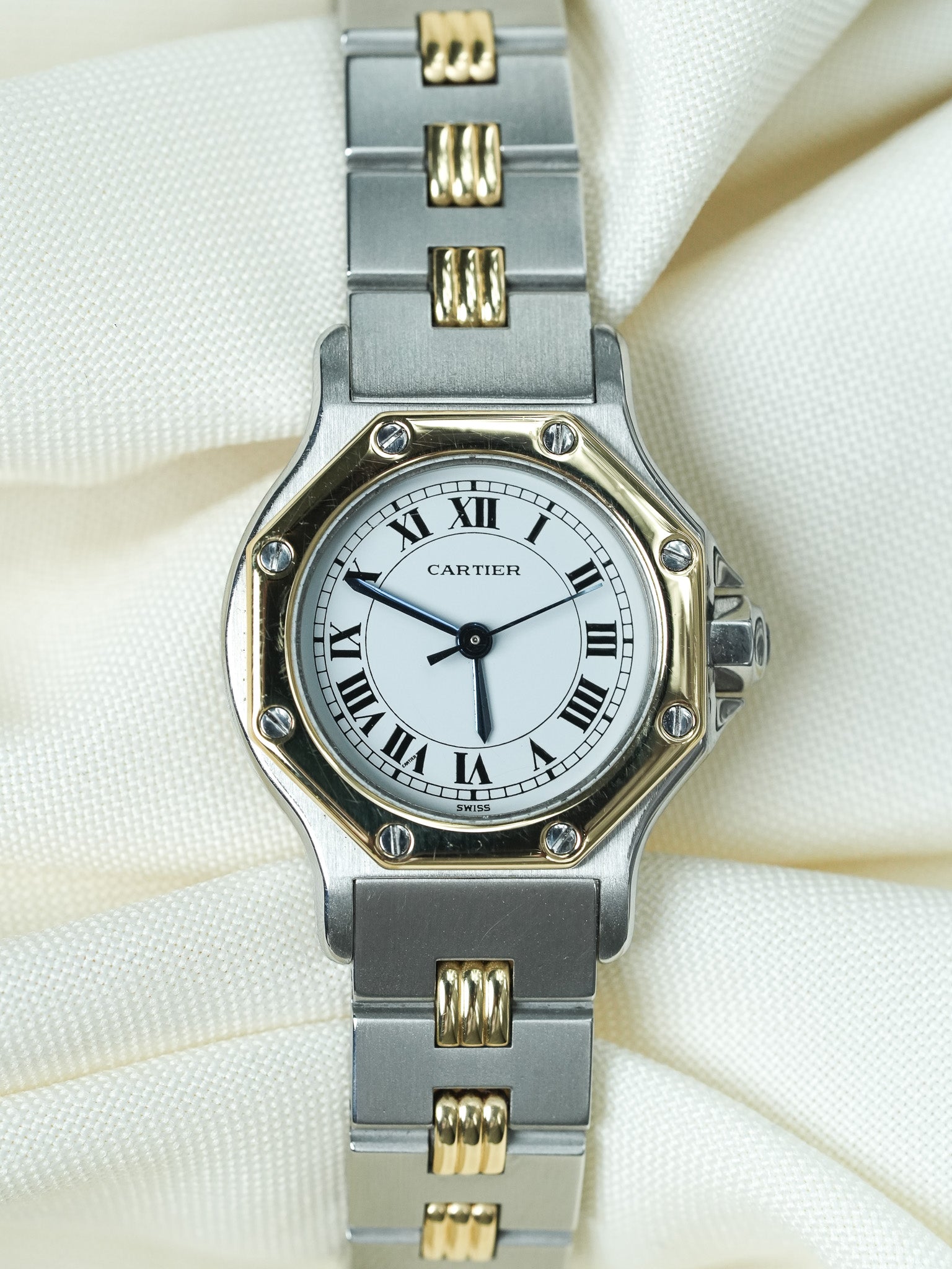 Montre Cartier Santos Vintage - Octogonale Godron 24mm Acier Or Femme (Années 1980)