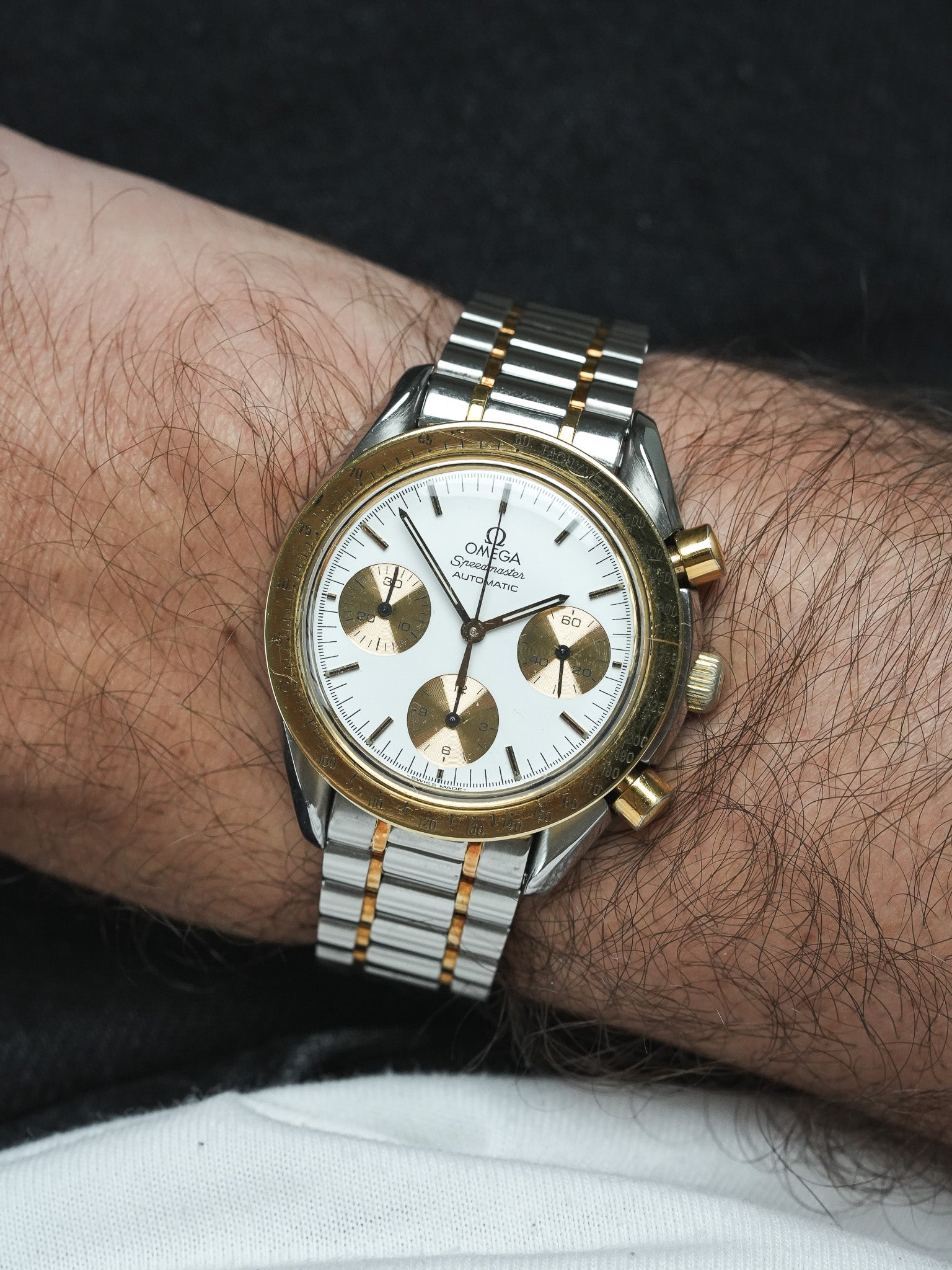 Omega Watch Speedmaster Reduced 175.0033 - Stainless Steel Gold White Dial (Vintage 1989) 