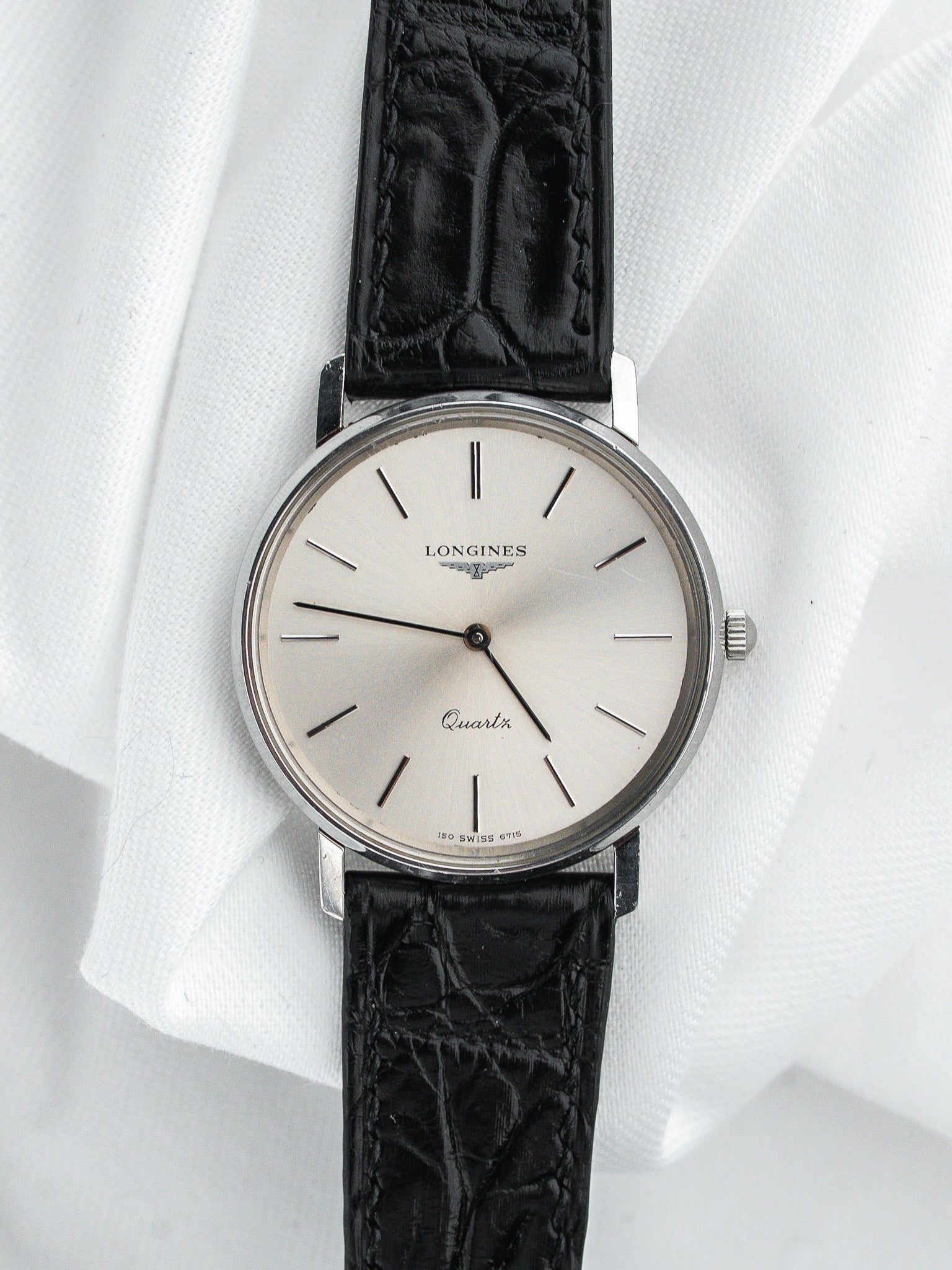 Longines Quartz Watch 精钢 — 银色太阳纹表盘 镶贴时标 (1980s) 