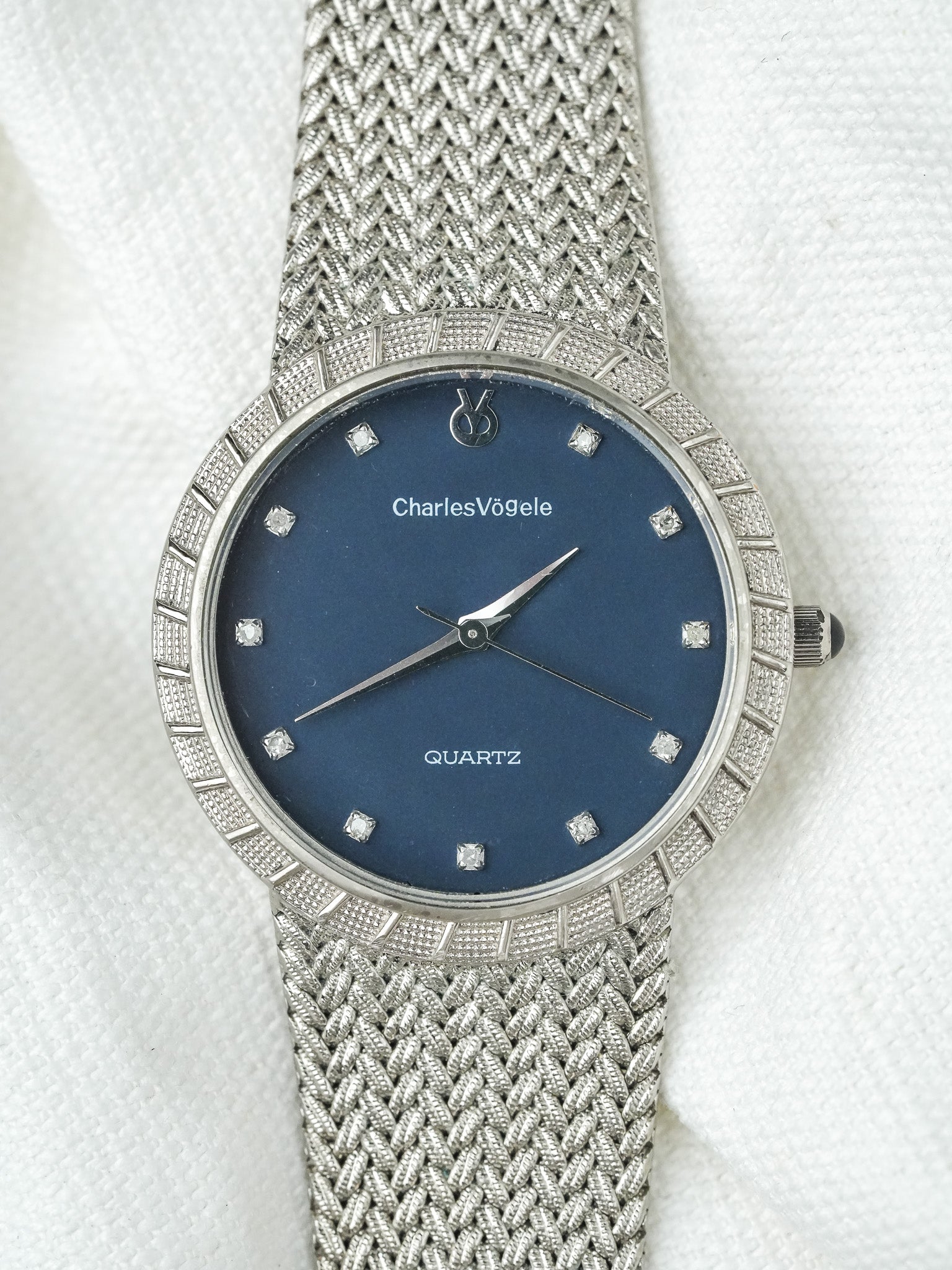 Montre Charles Vogele Vintage - Plaqué Platine Bracelet intégré Bleu (Années 1990)