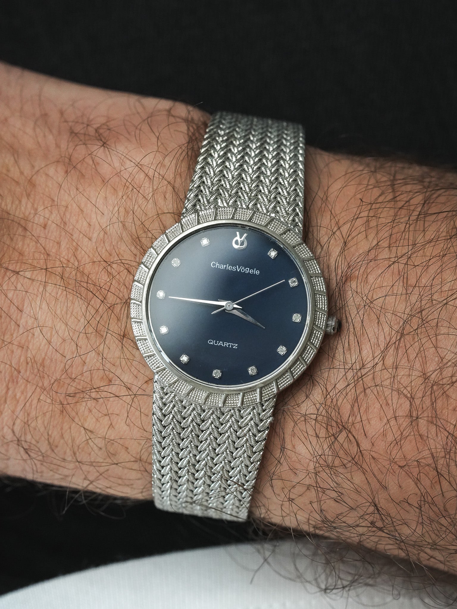 Montre Charles Vogele Vintage - Plaqué Platine Bracelet intégré Bleu (Années 1990)