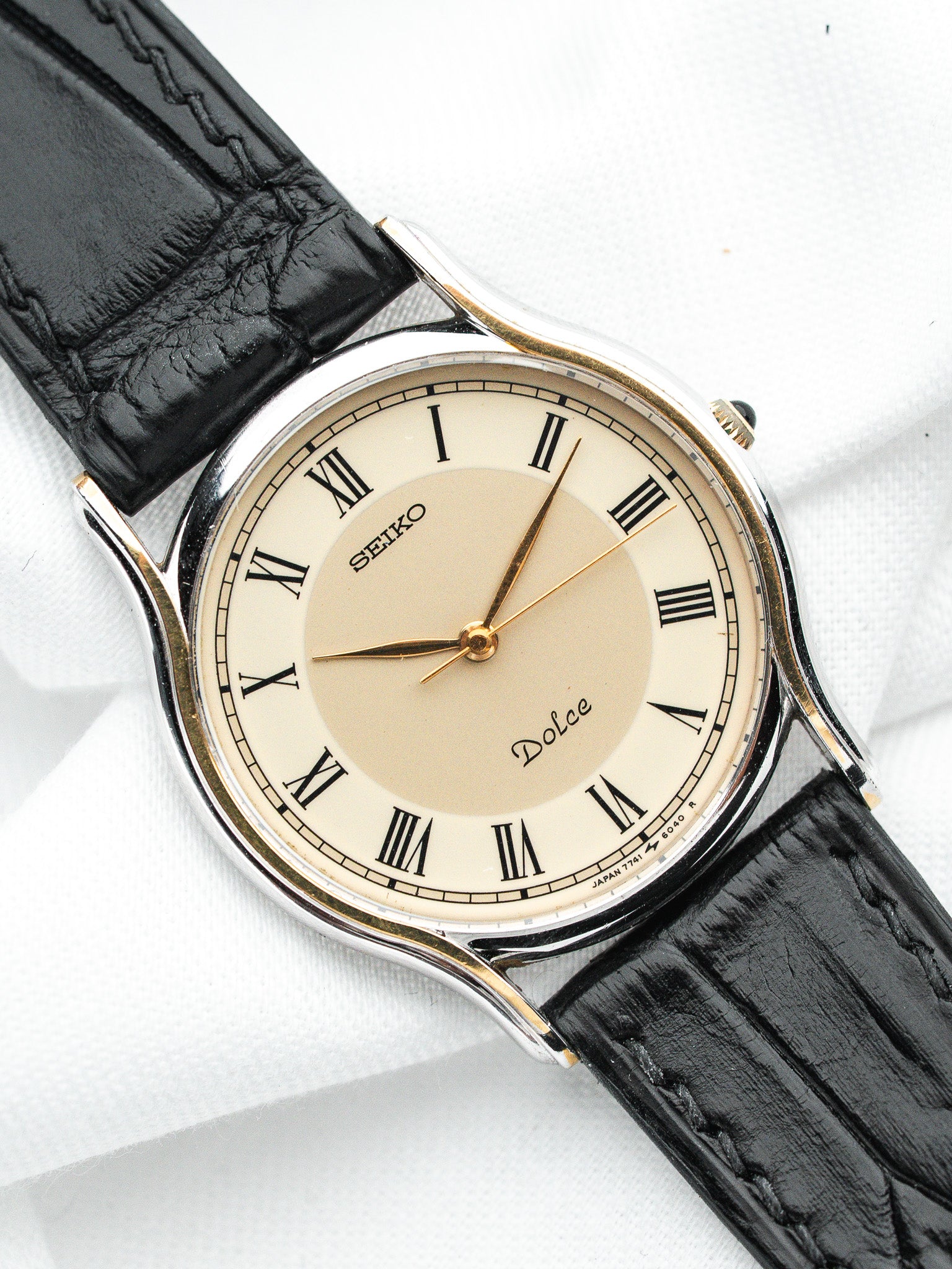 Seiko Dolce 7741-6030 Acier — Cadran Bi-ton Chiffres Romains (1988)
