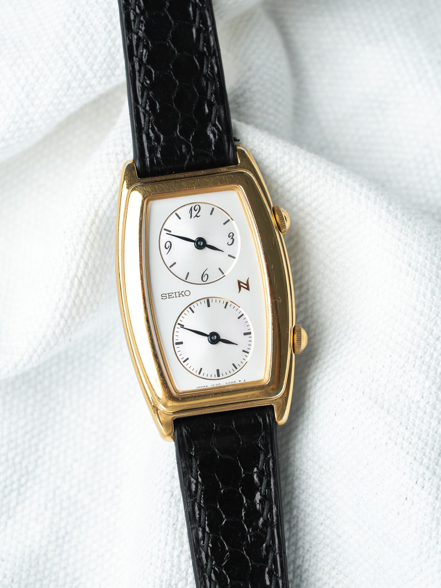 Montre Seiko Dual Time Vintage Or — Double Affichage Tonneau Cuir Noir (2005)