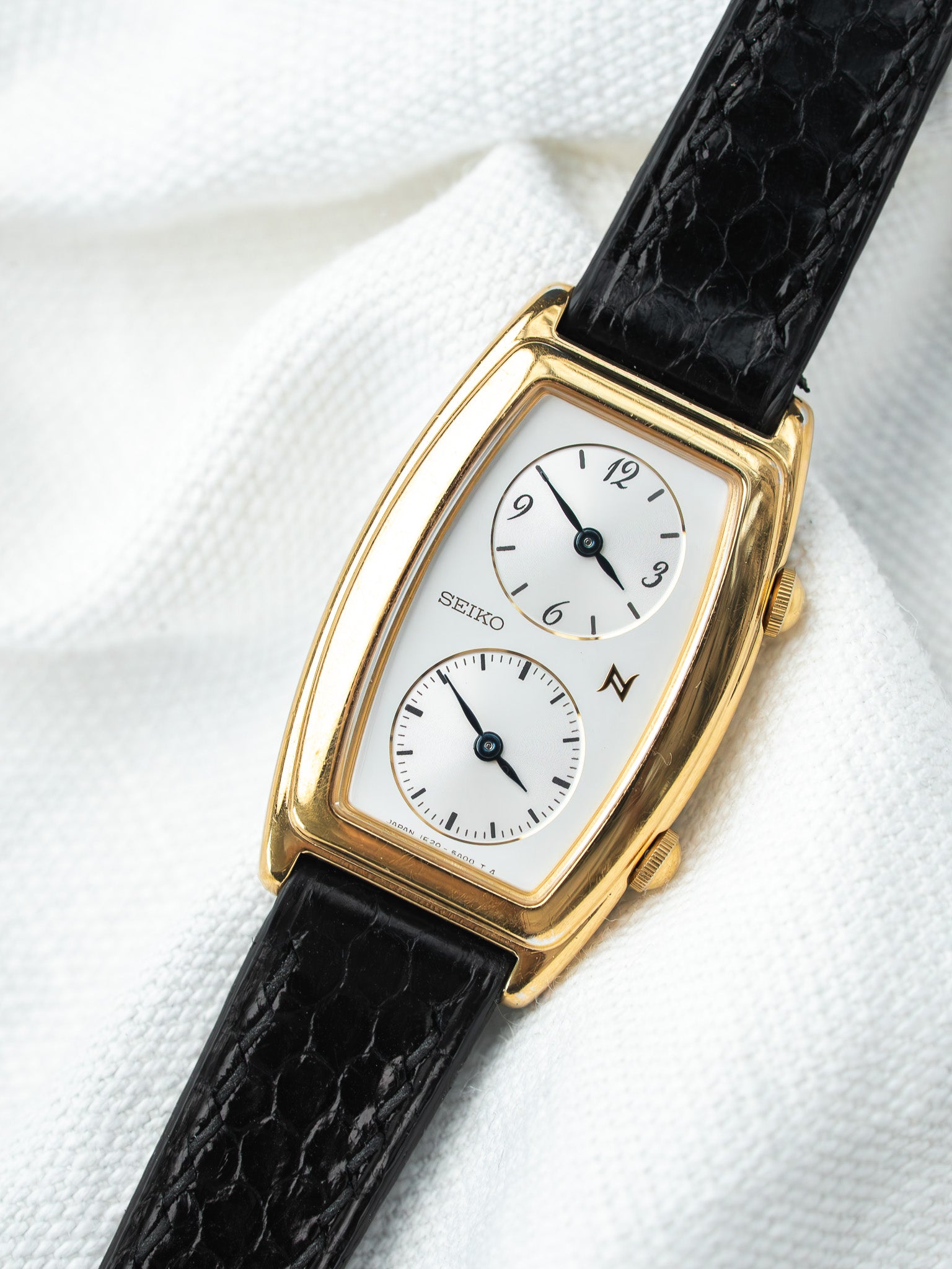 Montre Seiko Dual Time Vintage Or — Double Affichage Tonneau Cuir Noir (2005)