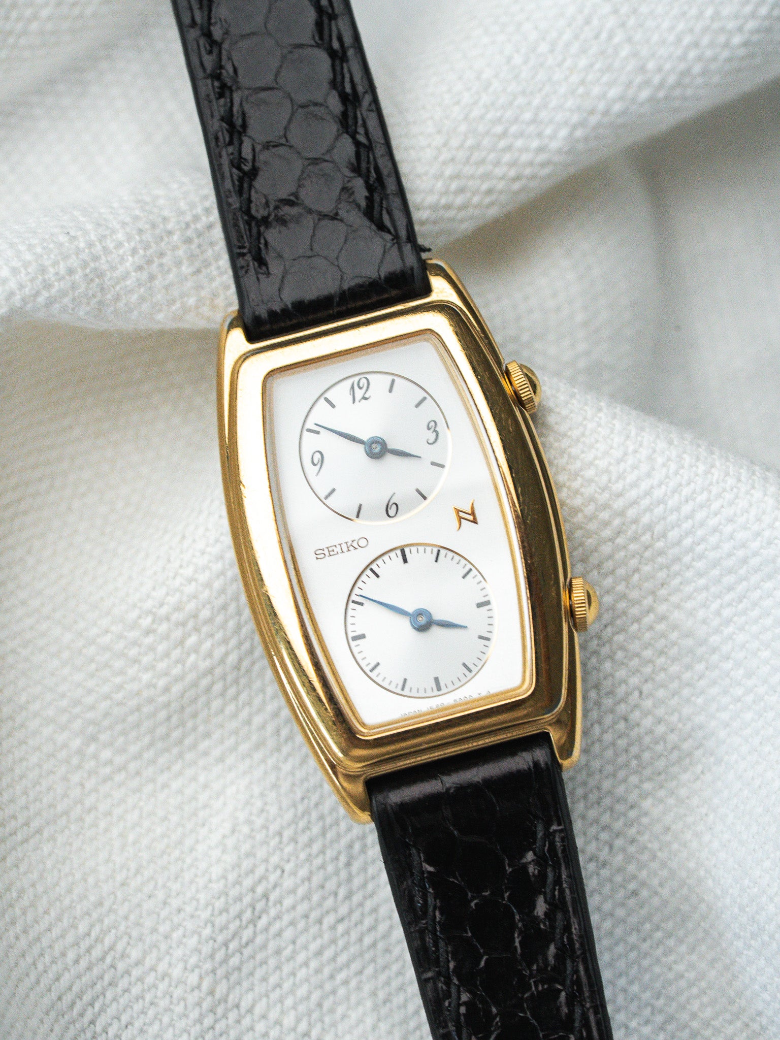 Montre Seiko Dual Time Vintage Or — Double Affichage Tonneau Cuir Noir (2005)